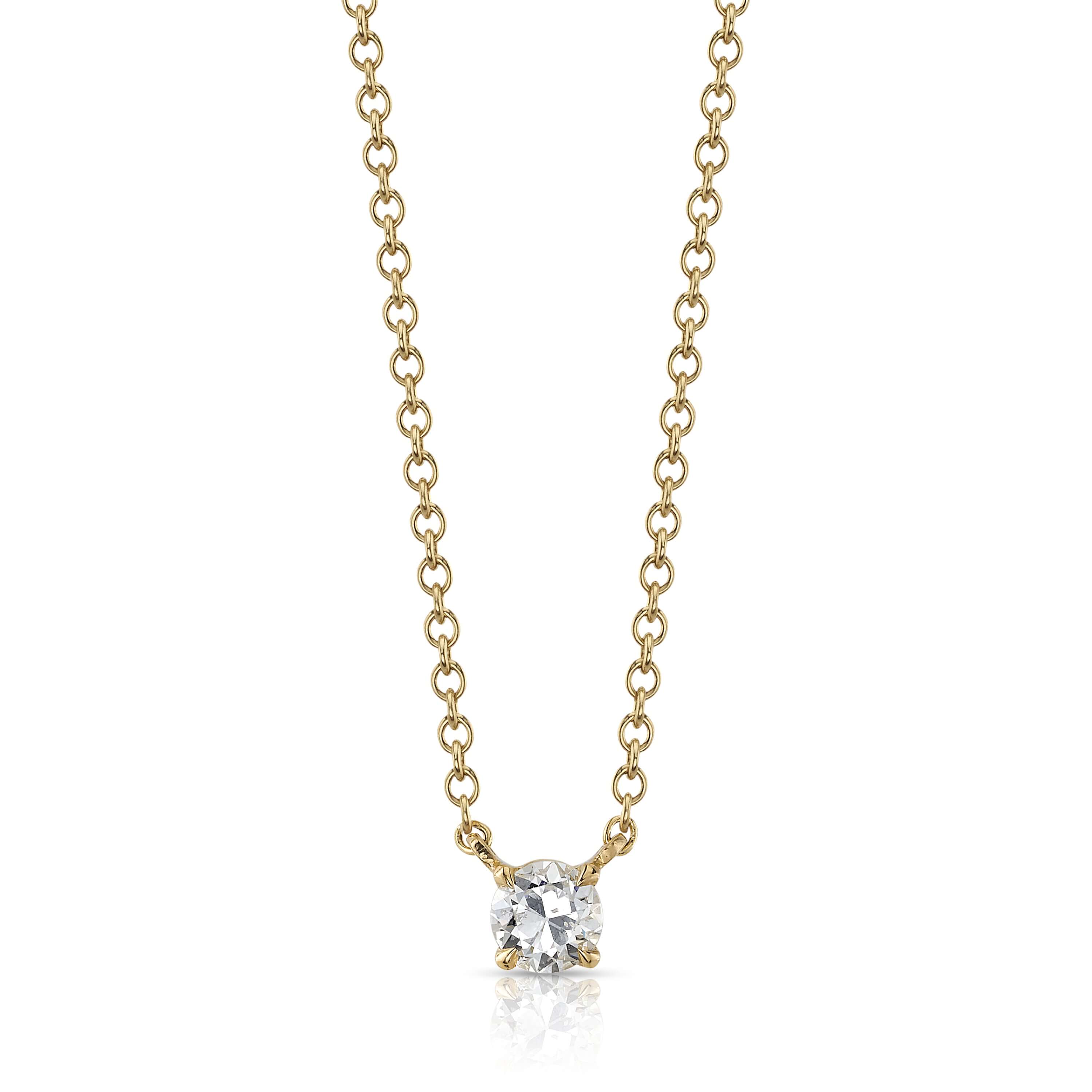 SINGLE STONE BROADY NECKLACE featuring 0.40ctw J-K/SI2 old European cut diamond set in a handcrafted 18K yellow gold prong set pendant. Necklace is on an 17" 18K yellow gold chain. Exclusively at Single Stone Los Angeles and Single Stone San Marino.