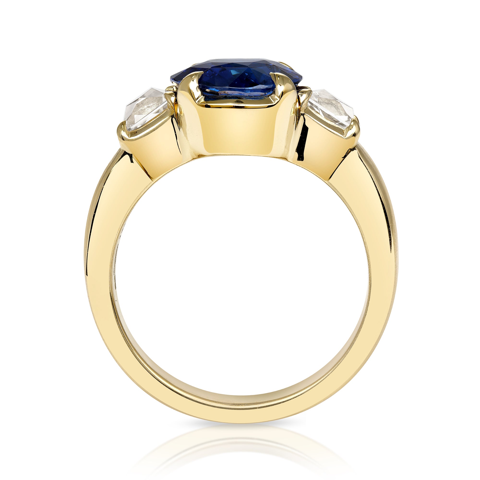 SINGLE STONE BROOKLYN RING featuring 3.24ct GIA certified Sri Lankan oval cut blue sapphire with 0.88ctw French cut accent diamonds prong set in a handcrafted 18K yellow gold mounting.