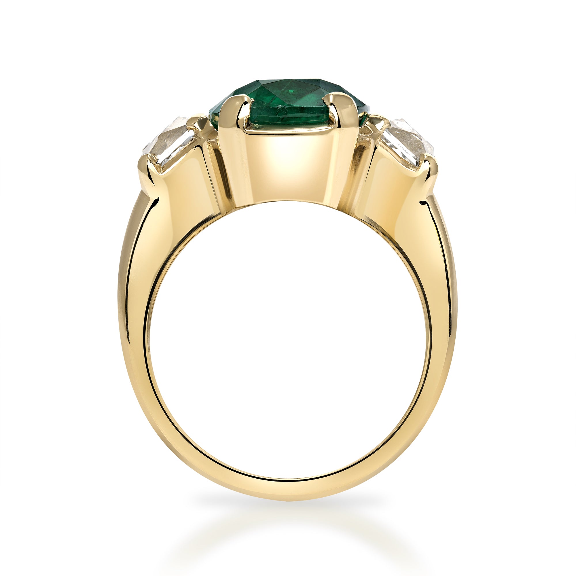 SINGLE STONE BROOKLYN RING featuring 6.08ct GIA certified Zambian cushion cut green emerald flanked by 1.61ctw GIA certified E-F/VS1 French cut diamonds prong set in a handcrafted 18K yellow gold mounting.