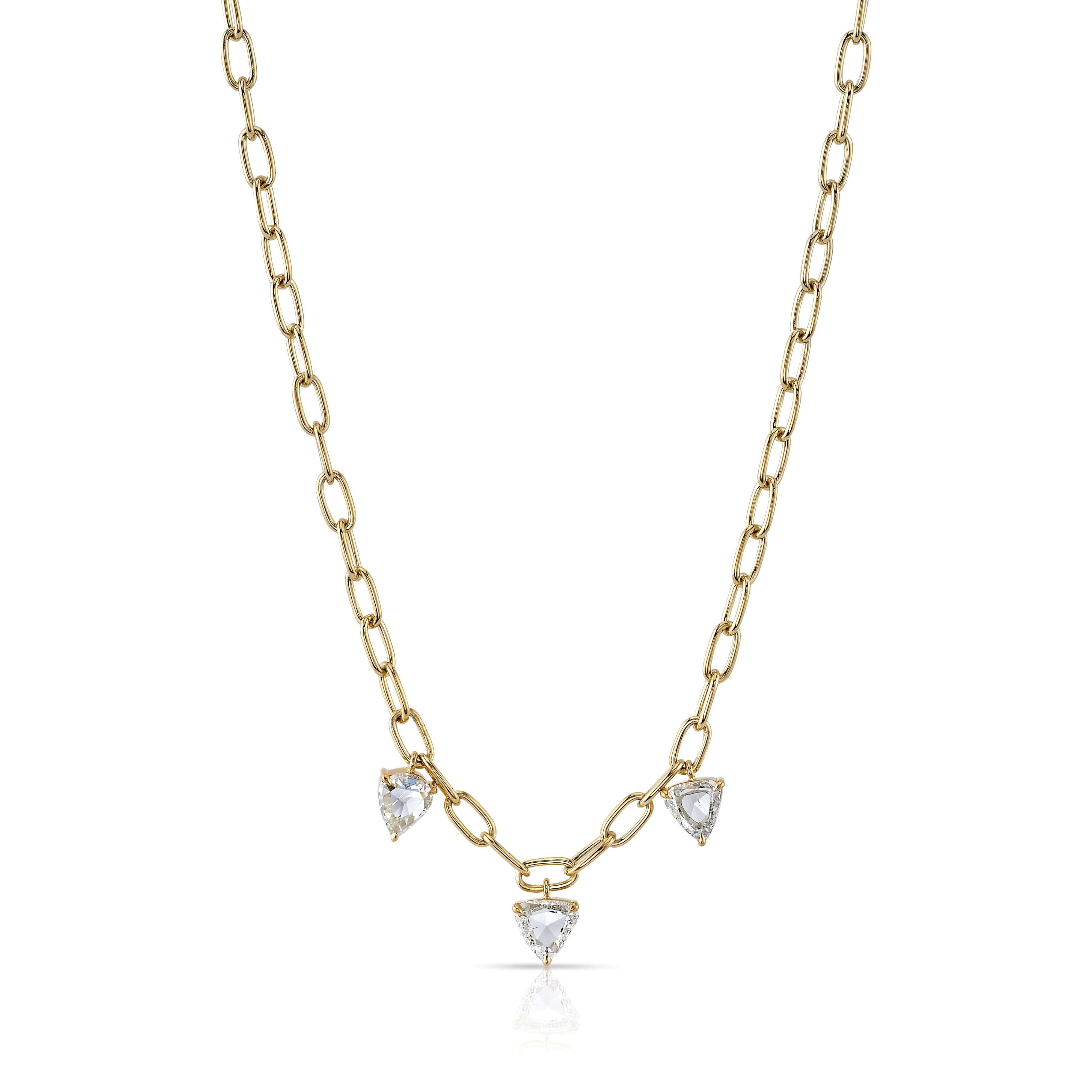 SINGLE STONE THREE STONE CAILYN NECKLACE featuring 1.32ctw J-K/VS-SI fancy cut diamonds prong set on a handcrafted 18K yellow gold bond chain. Necklace measures 17".