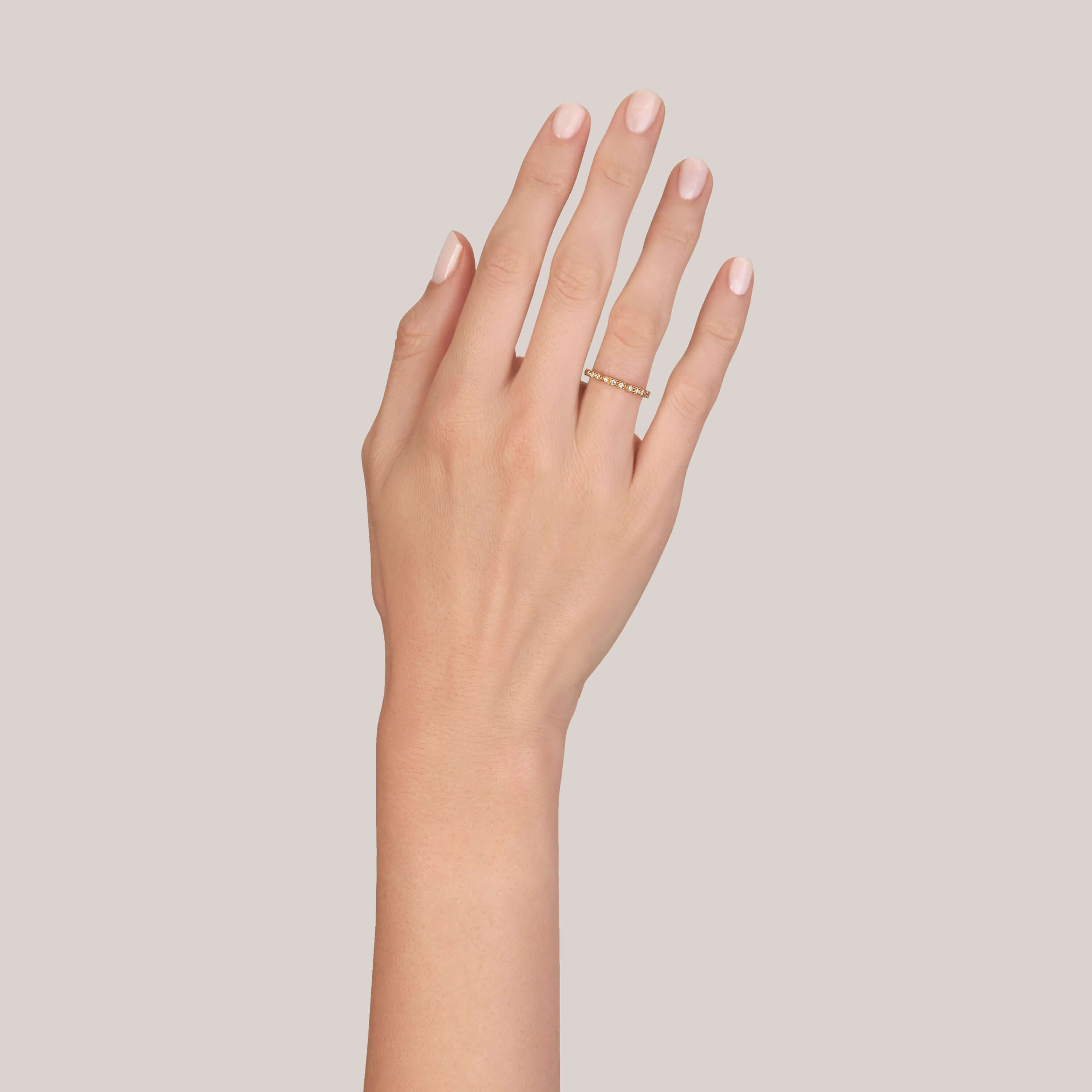 SINGLE STONE CARLY BAND | Approximately 0.30ctw G-H/VS old European cut diamonds prong set in a handcrafted geometric sectional eternity band. Approximate band width 2.1mm. Please inquire for additional customization.