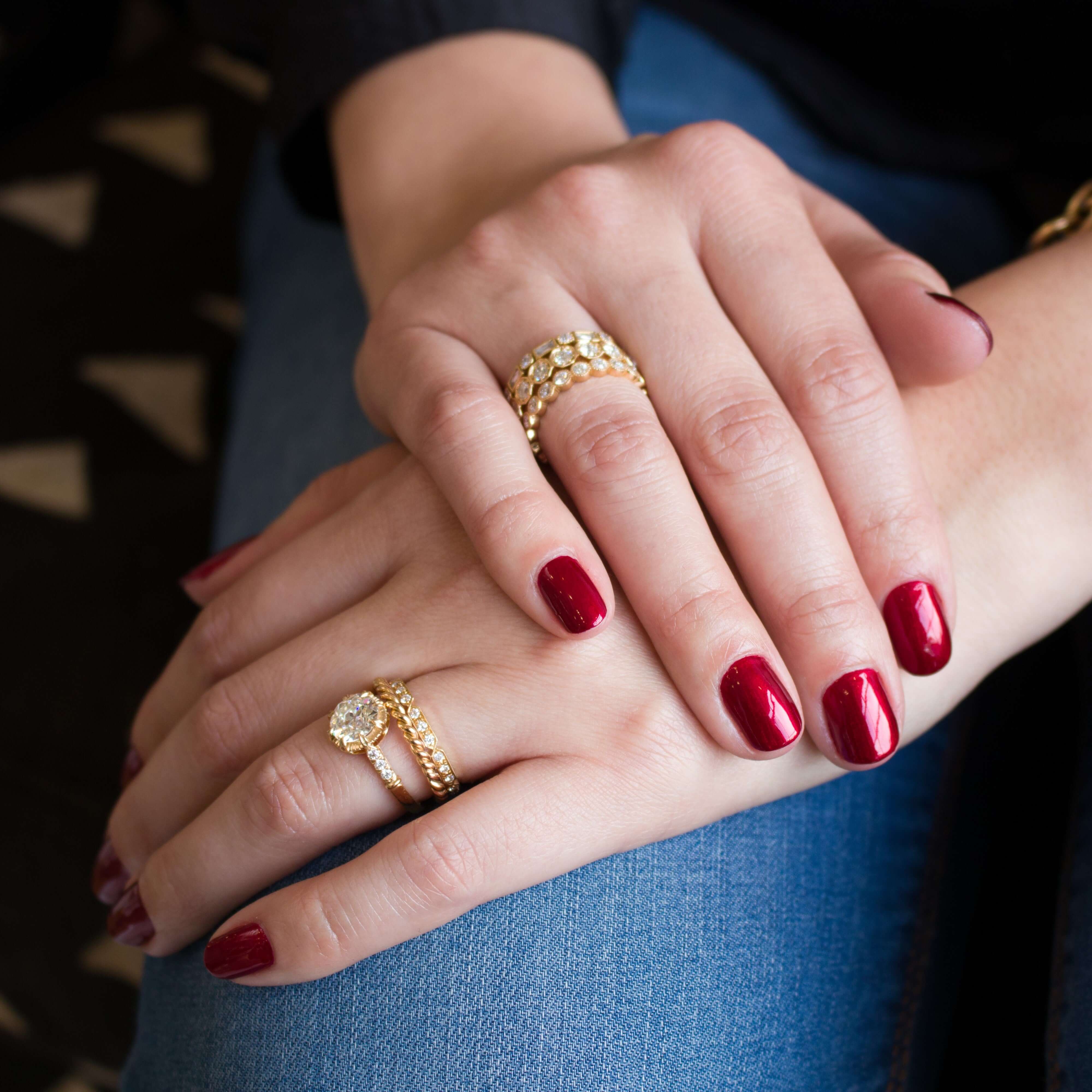 SINGLE STONE CARLY BAND | Approximately 0.30ctw G-H/VS old European cut diamonds prong set in a handcrafted geometric sectional eternity band. Approximate band width 2.1mm. Please inquire for additional customization.