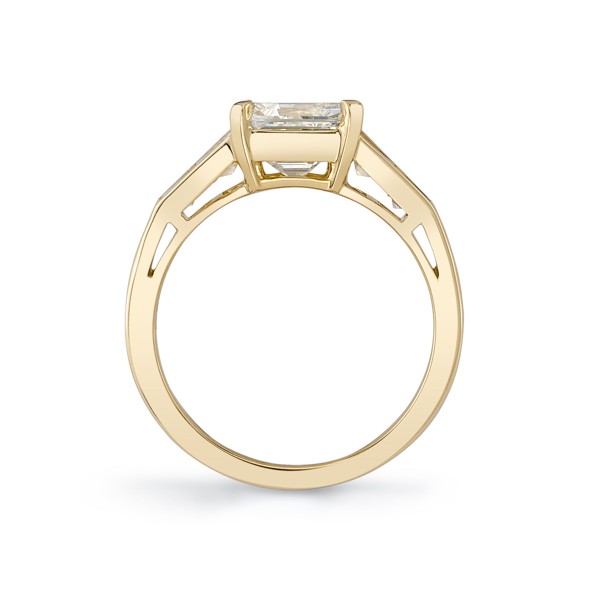 SINGLE STONE CASSIDY RING featuring 2.60ct L/SI1 GIA certified vintage Asscher cut diamond with 0.86ctw trapezoid cut accent diamonds set in a handcrafted 18K yellow gold mounting.