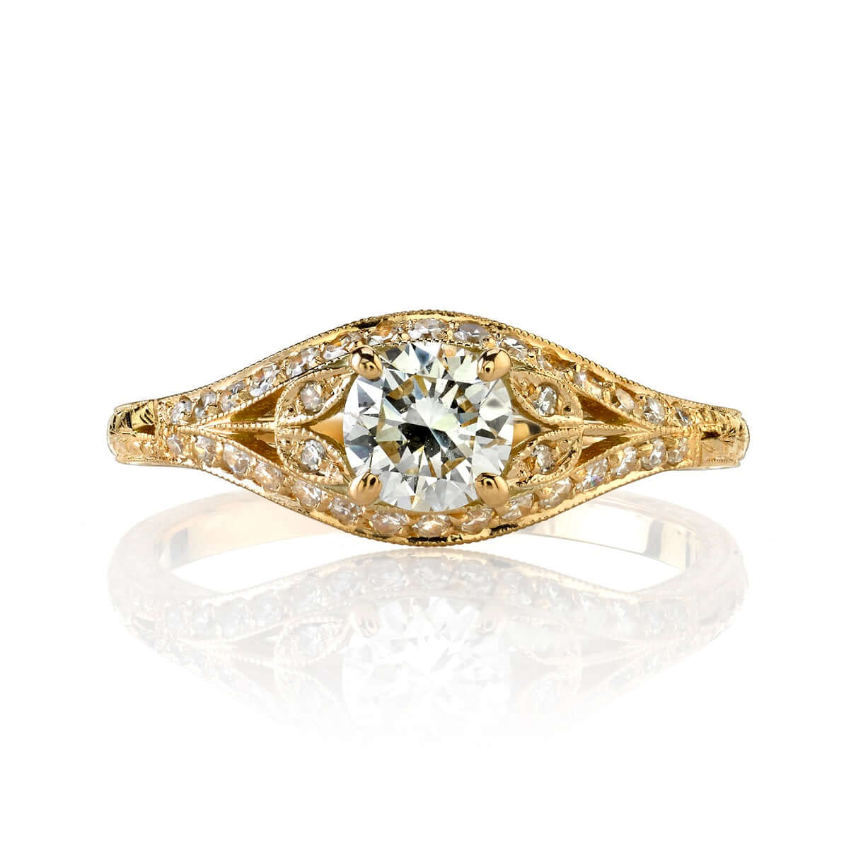 SINGLE STONE CHLOE RING featuring 0.49ct L/SI2 GIA certified old European cut diamond with 0.28ctw old European cut accent diamonds set in a handcrafted 18K yellow gold mounting.