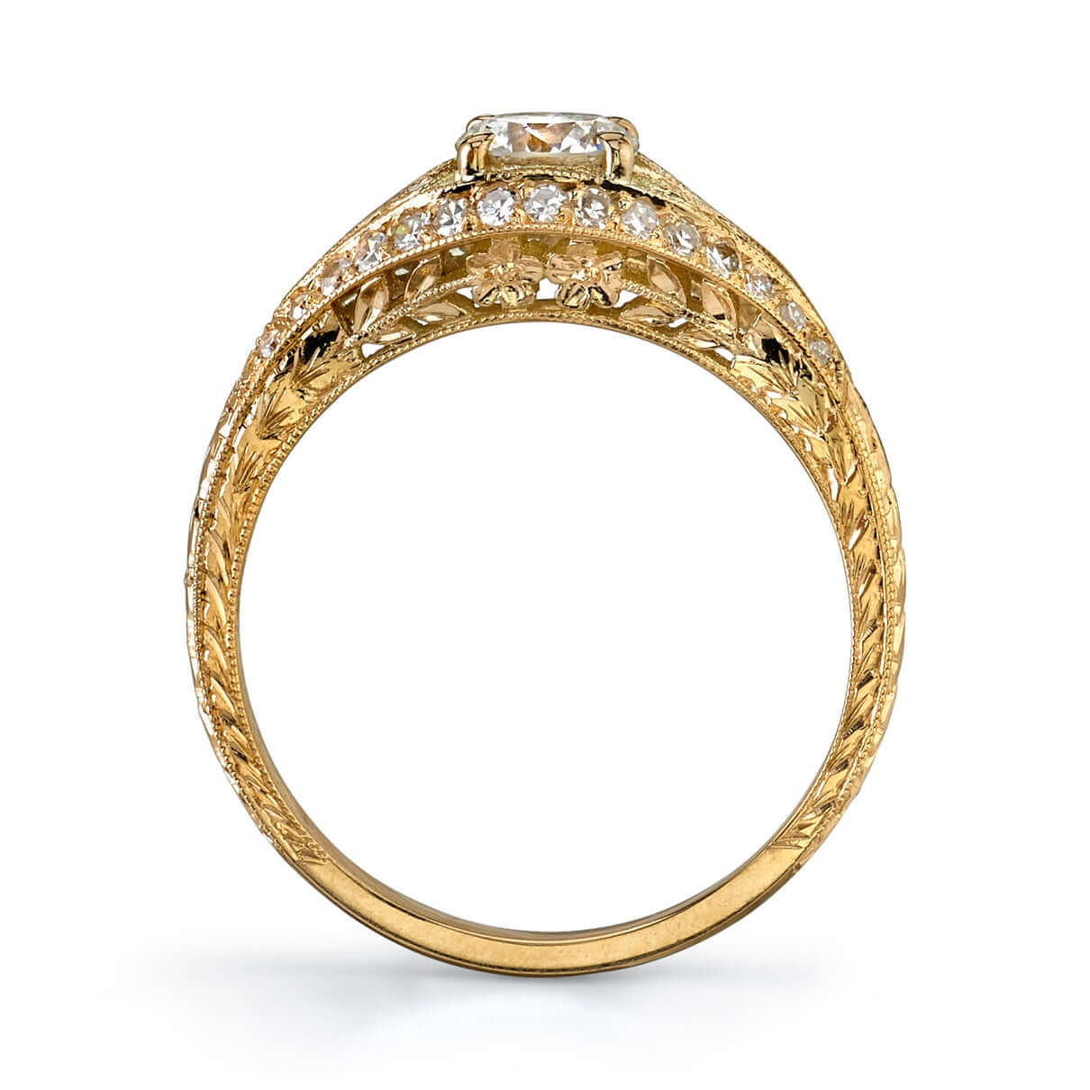 SINGLE STONE CHLOE RING featuring 0.49ct L/SI2 GIA certified old European cut diamond with 0.28ctw old European cut accent diamonds set in a handcrafted 18K yellow gold mounting.
