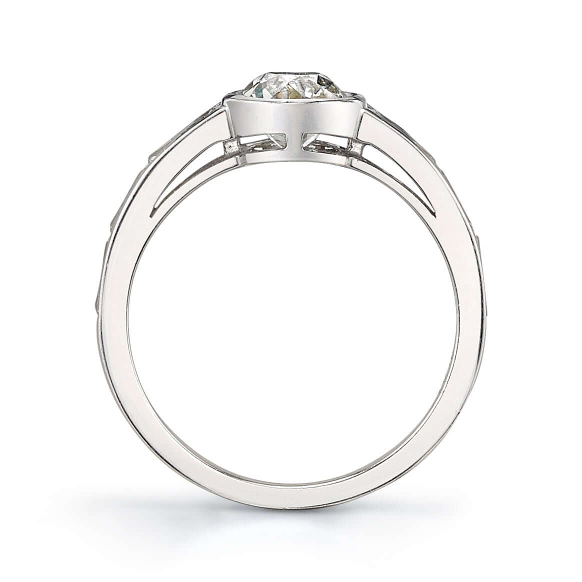 SINGLE STONE CHRISTINA RING featuring 1.04ct K/VS2 GIA certified old European cut diamond with 0.60ctw French cut accent diamonds set in a handcrafted platinum mounting.