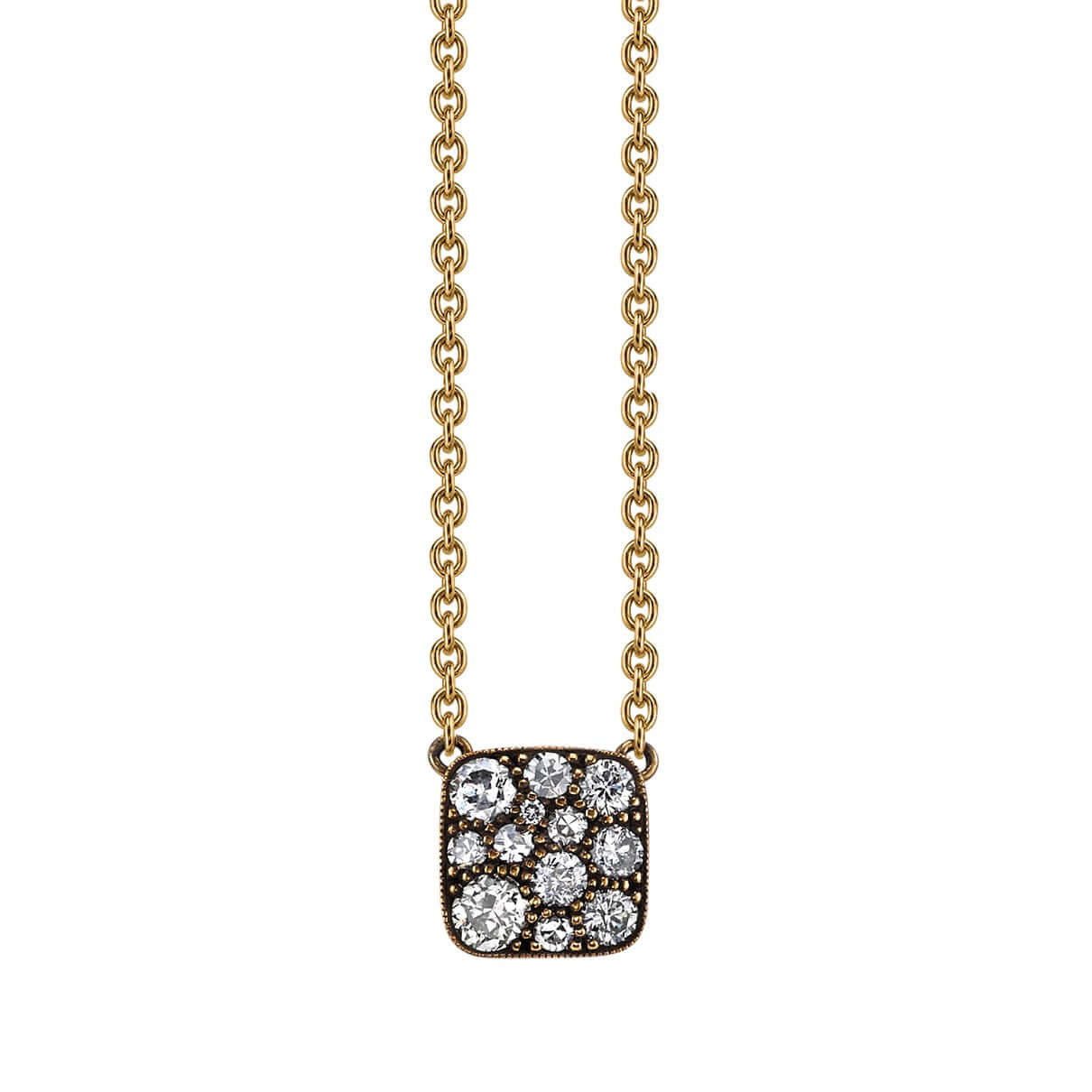 SINGLE STONE MINI SQUARE COBBLESTONE PENDANT NECKLACE featuring Approximately 0.35ctw varying old cut and round brilliant cut diamonds set in a handcrafted 18K yellow gold pendant necklace. Available in an oxidized or polished finish. Necklace measures 18