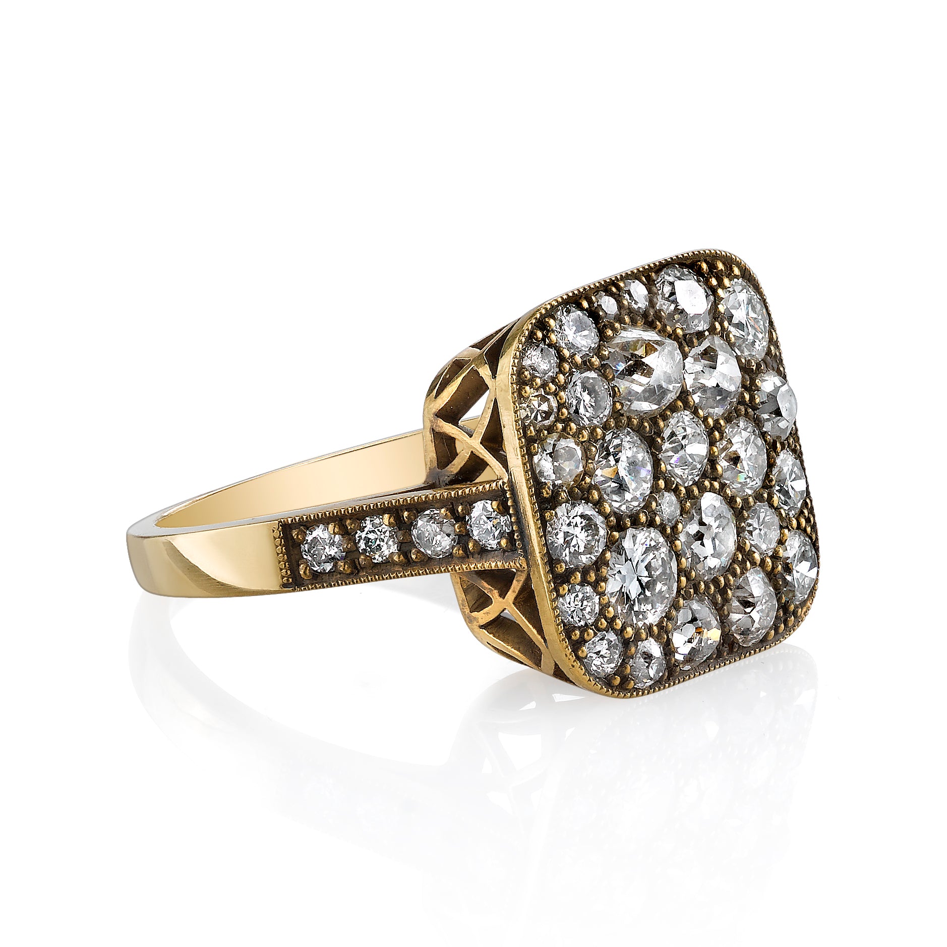 SINGLE STONE SMALL SQUARE COBBLESTONE RING RING featuring Approximately 2.00ctw various old cut and round brilliant cut diamonds set in a handcrafted, oxidized 18K yellow gold mounting. Prices may vary according to total diamond weight. Measurements 13.5m