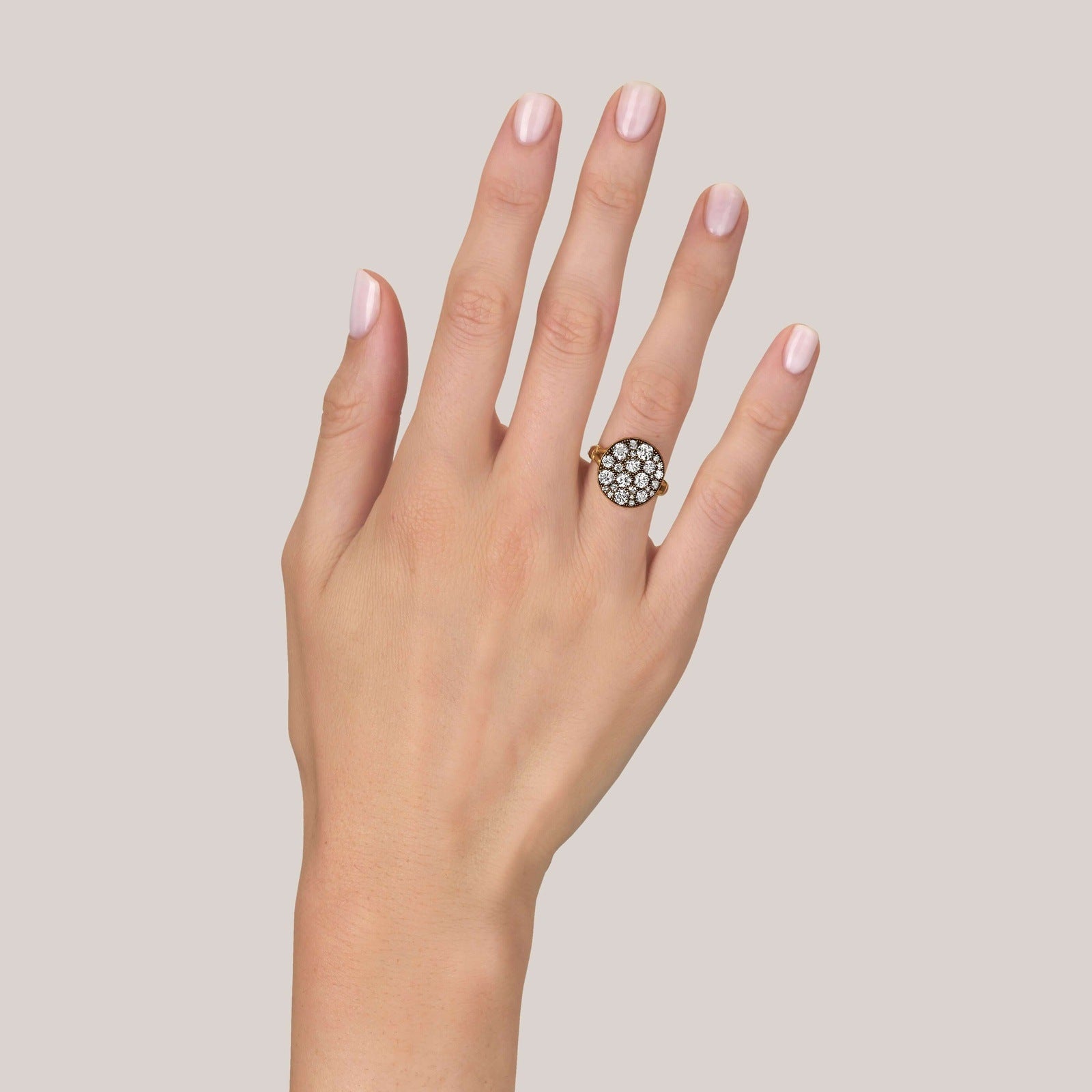 SINGLE STONE COBBLESTONE CRUX RING featuring 2.42ctw varying old cut and round brilliant cut diamonds set in a handcrafted, oxidized 18K yellow gold mounting. Price may vary according to total diamond weight. *Cobblestone pattern may vary from piece to pi