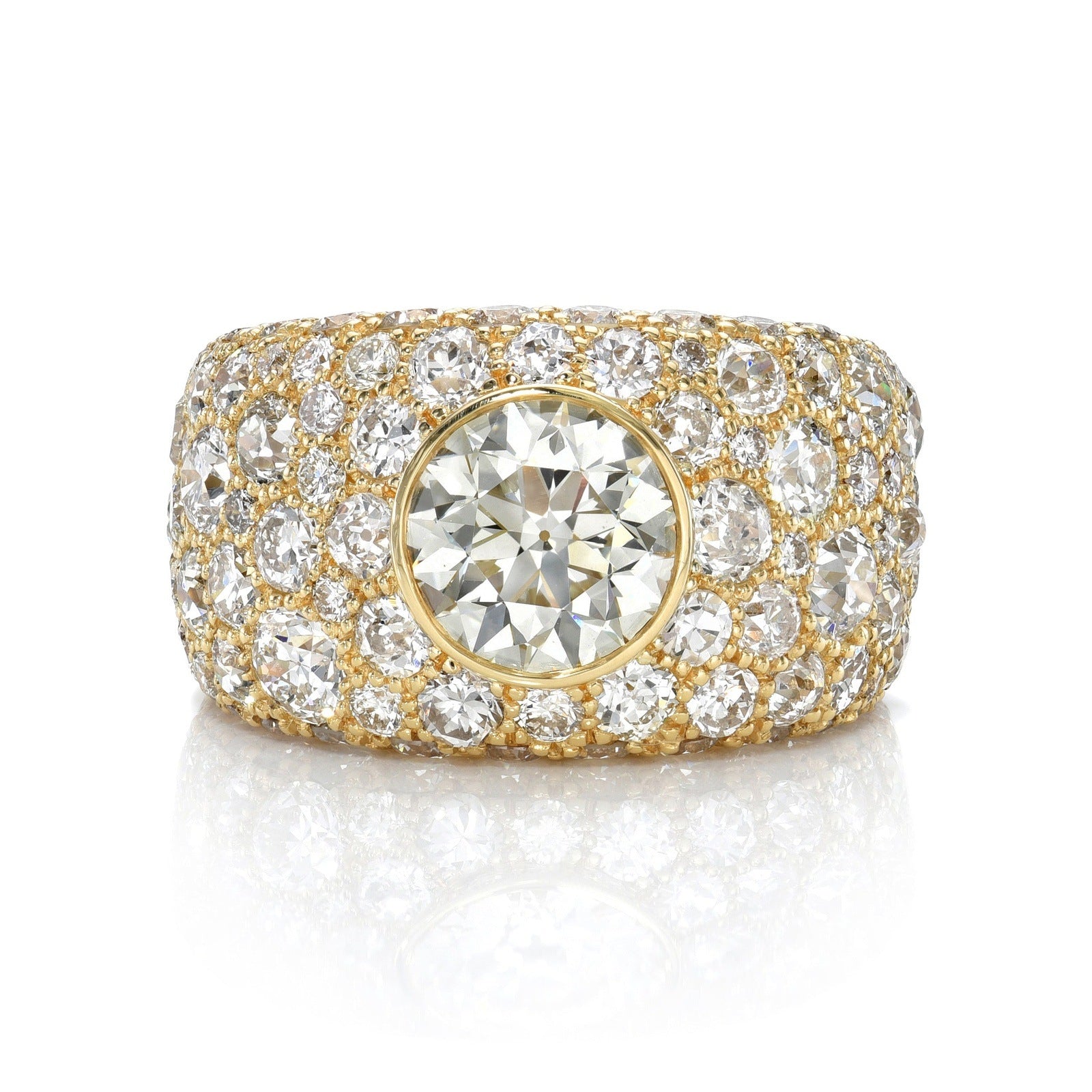 SINGLE STONE COBBLESTONE SIENNA RING featuring 1.71ct M/VS1 GIA certified old European cut diamond with 4.63ctw varying old cut and round brilliant cut diamonds set in a handcrafted 18K yellow gold domed band.