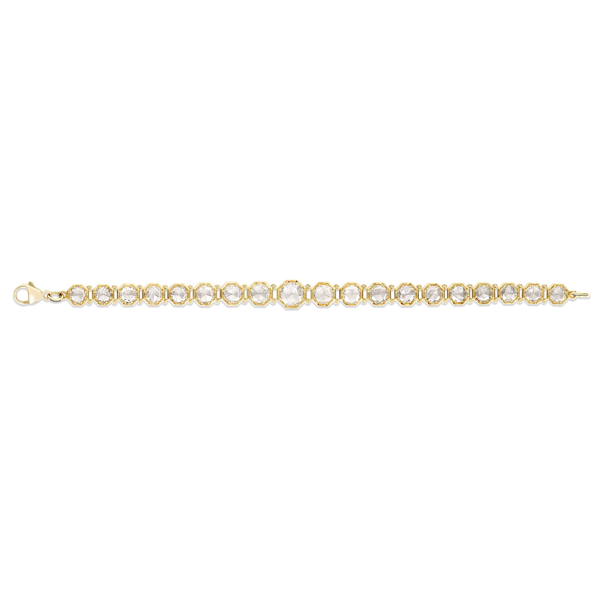SINGLE STONE COLBY BRACELET featuring 1.10ct I/SI2 GIA certified round rose cut diamond accompanied by 7.94ctw round rose cut diamonds prong set in a handcrafted 18K yellow gold bracelet. Bracelet measures 7.5".