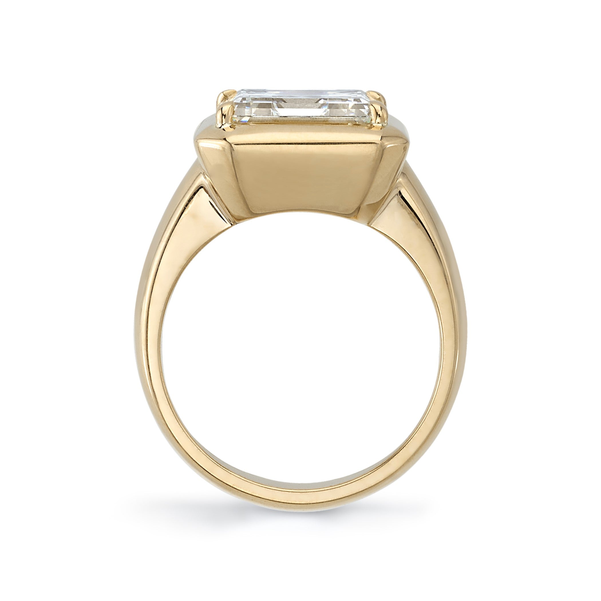 SINGLE STONE CORI RING featuring 4.51ct K/VVS2 GIA certified Asshcer cut diamond prong set in a handcrafted 18K yellow gold mounting.