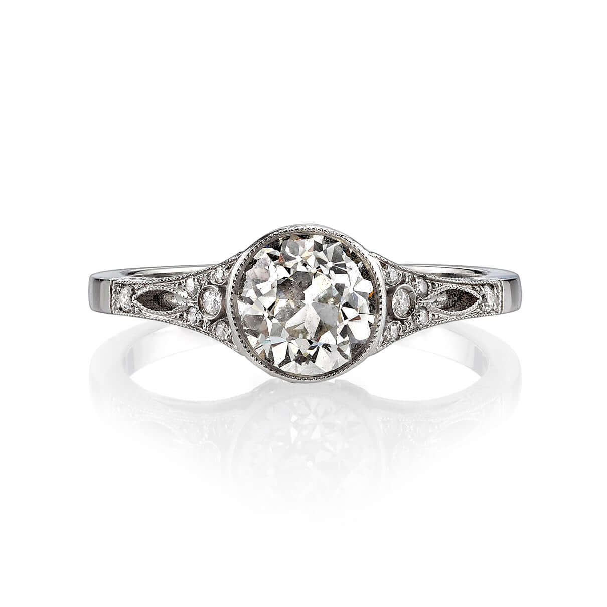 SINGLE STONE CORINNE RING featuring 1.14ct I/VS1 EGL certified old European cut diamond with 0.08ctw old European cut accent diamonds set in a handcrafted platinum mounting.
