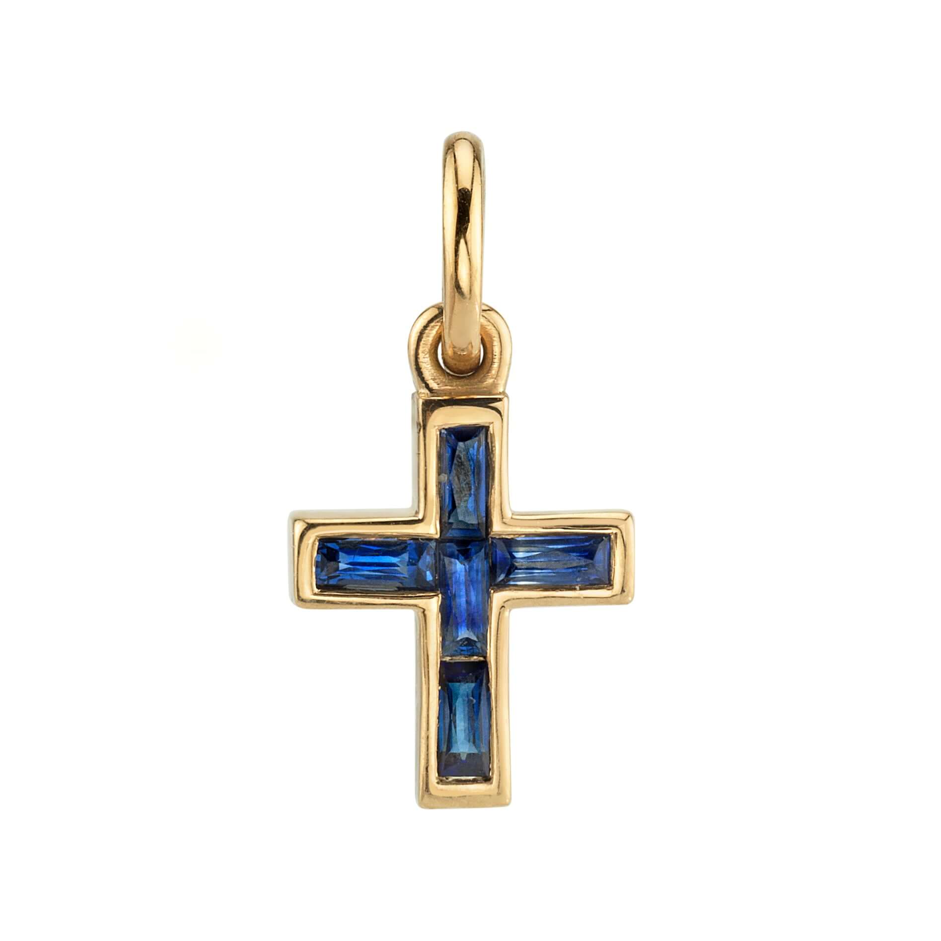 SINGLE STONE MINI FRENCH CUT CARMELA CROSS WITH GEMSTONES PENDANT featuring Approximately 0.30ctw French cut gemstones set in a handcrafted 18K yellow gold cross. Cross measures 8.20mm x 9.80mm. Price does not include chain.