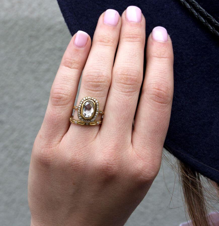 SINGLE STONE CAMILLE RING featuring 2.12ct Brown/SI oval shaped Rose cut diamond with 0.18ctw old European cut accent diamonds set in a handcrafted oxidized 18K yellow gold mounting.