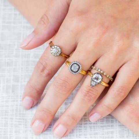 SINGLE STONE TALIA RING featuring 0.47ct L-M/VS antique old mine cut diamond with 0.35ctw old European cut accent diamonds set in a handcrafted oxidized 18K yellow and champagne gold mounting.