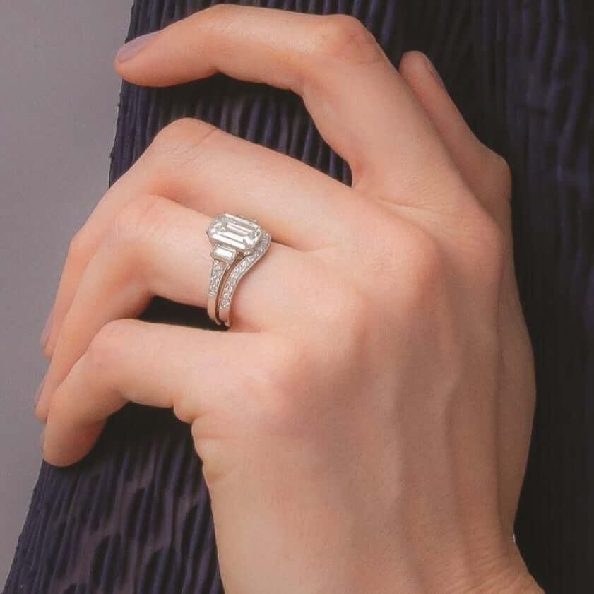 SINGLE STONE GRACE WITH DIAMONDS BAND | 2mm handcrafted curved band with approximately 0.30ctw G-H/VS old European cut diamonds. Please inquire for additional customization.