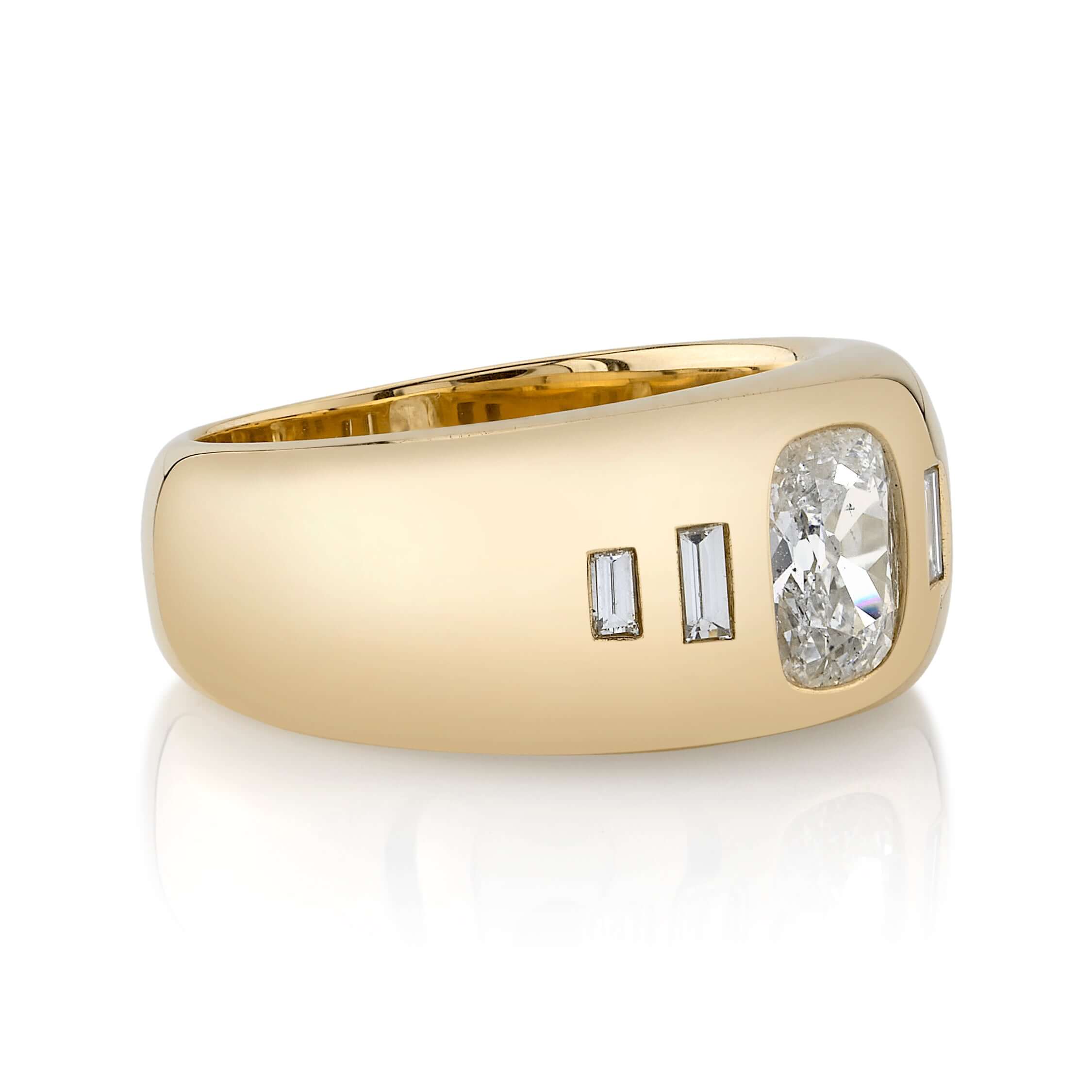 SINGLE STONE DALLAS RING featuring 0.91ct I/SI2 GIA certified antique cushion cut diamond with 0.11ctw baguette cut accent diamonds set in a handcrafted 18K yellow gold mounting.