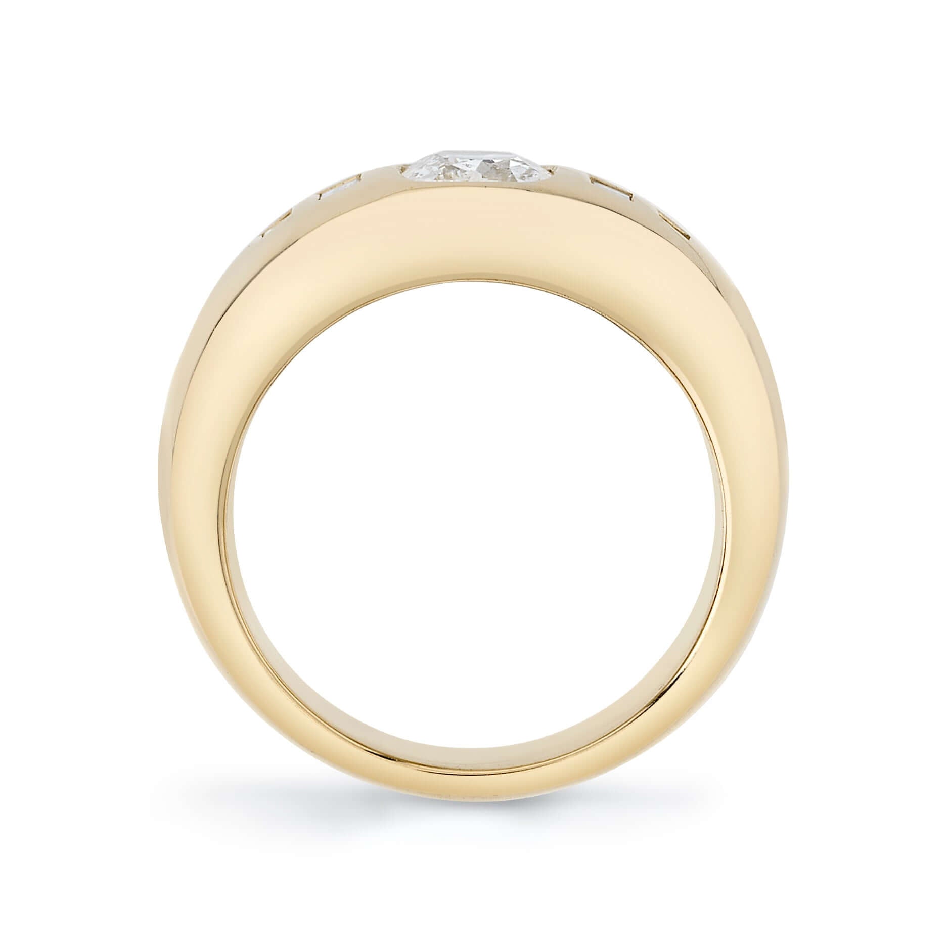 SINGLE STONE DALLAS RING featuring 0.91ct I/SI2 GIA certified antique cushion cut diamond with 0.11ctw baguette cut accent diamonds set in a handcrafted 18K yellow gold mounting.