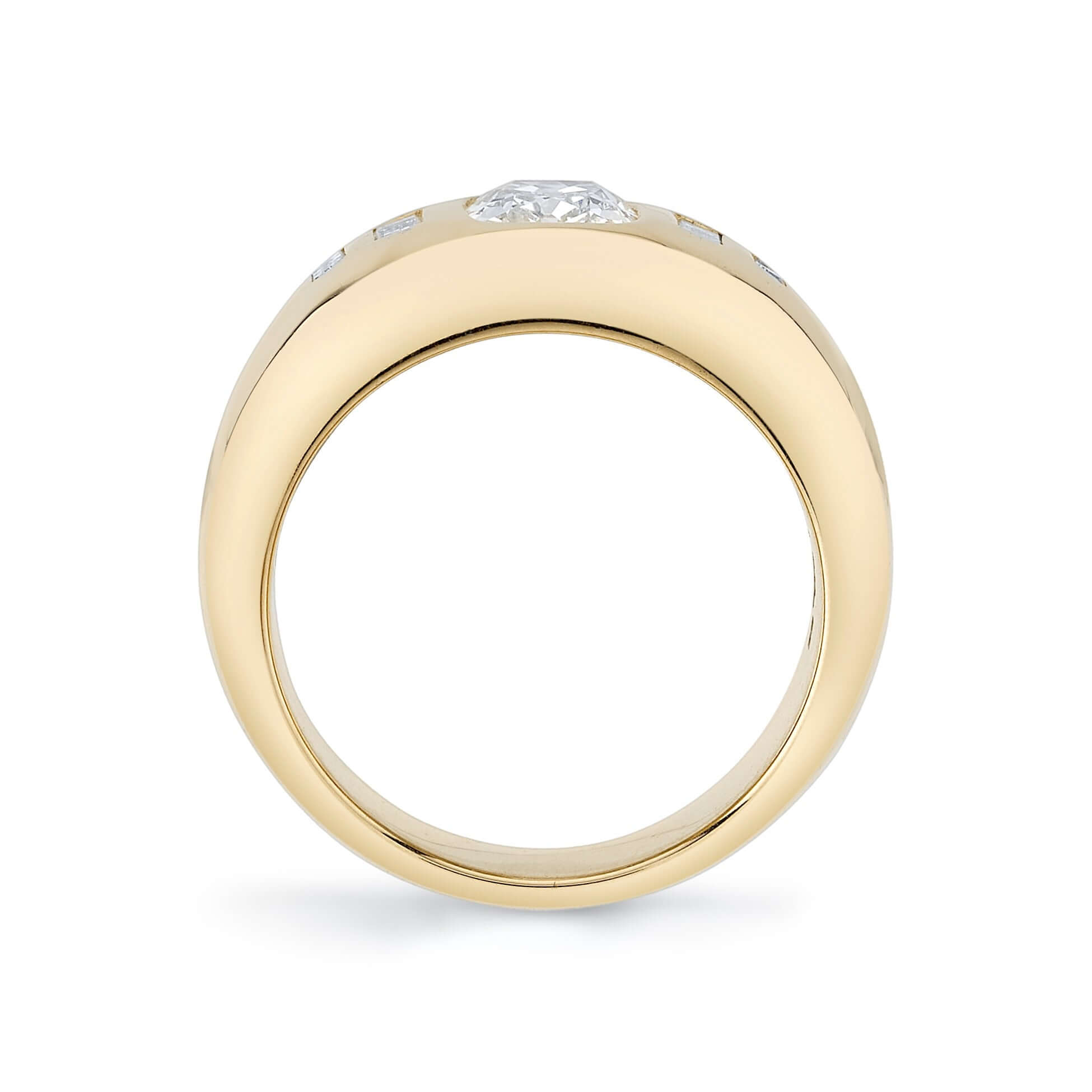 SINGLE STONE DALLAS RING featuring 1.02ct I/VS1 GIA certified antique cushion cut diamond with 0.14ctw baguette cut accent diamonds set in a handcrafted 18K yellow gold mounting.