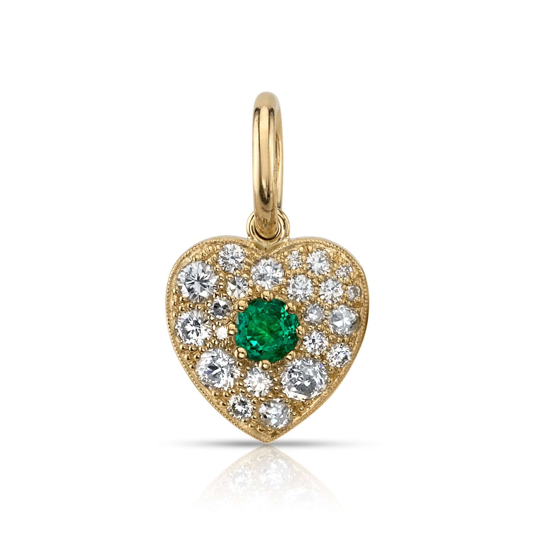 SINGLE STONE SMALL COBBLESTONE HEART WITH GEMSTONES PENDANT featuring Approximately 0.80ctw various old cut and round brilliant cut diamonds set in a handcrafted 18K yellow gold heart pendant with an approximately 0.25ctw old European cut diamond or color