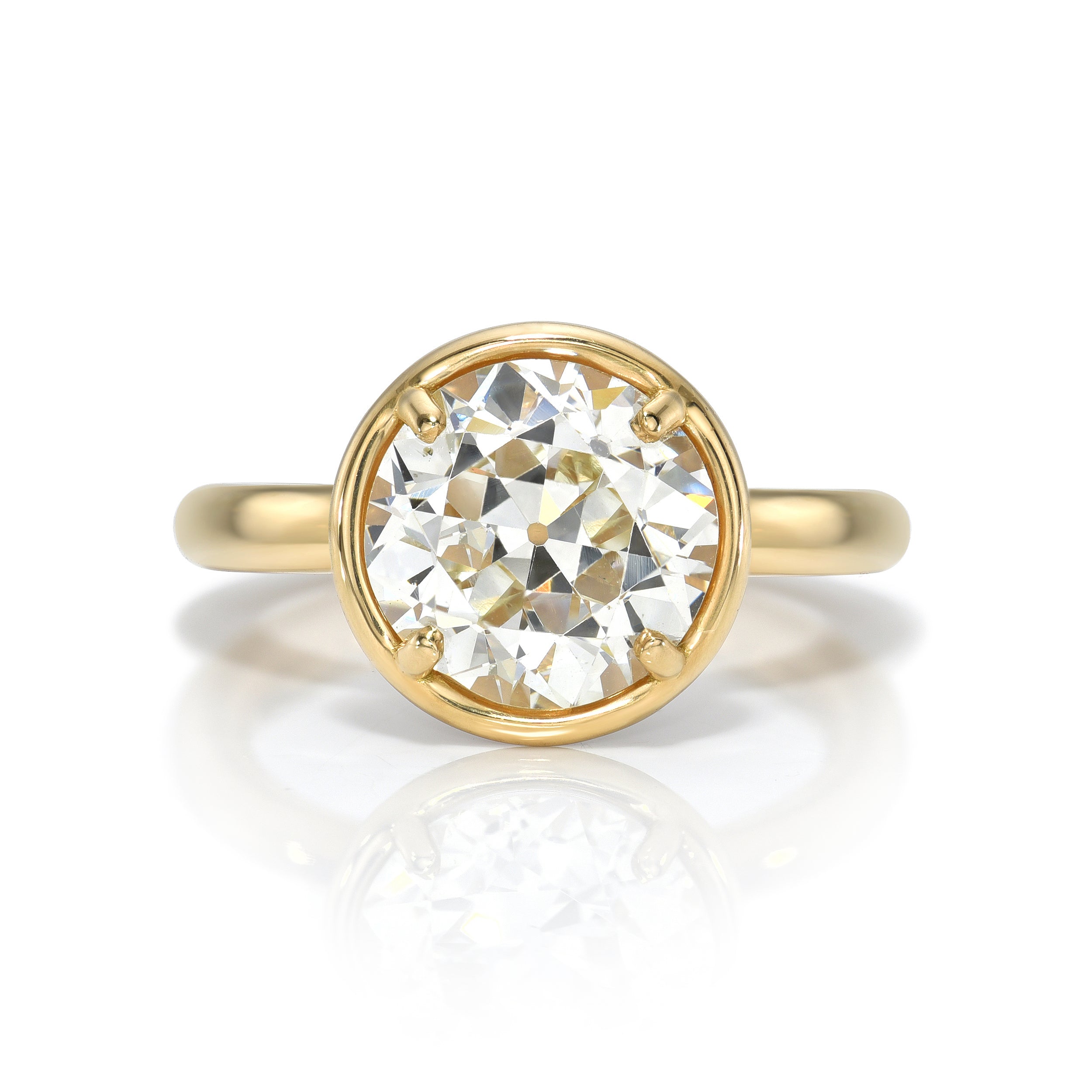 SINGLE STONE DEVI RING featuring 3.66ct M/SI1 GIA certified old European cut diamond with 0.65ctw old European cut accent diamonds set in a handcrafted 18K yellow gold mounting.
