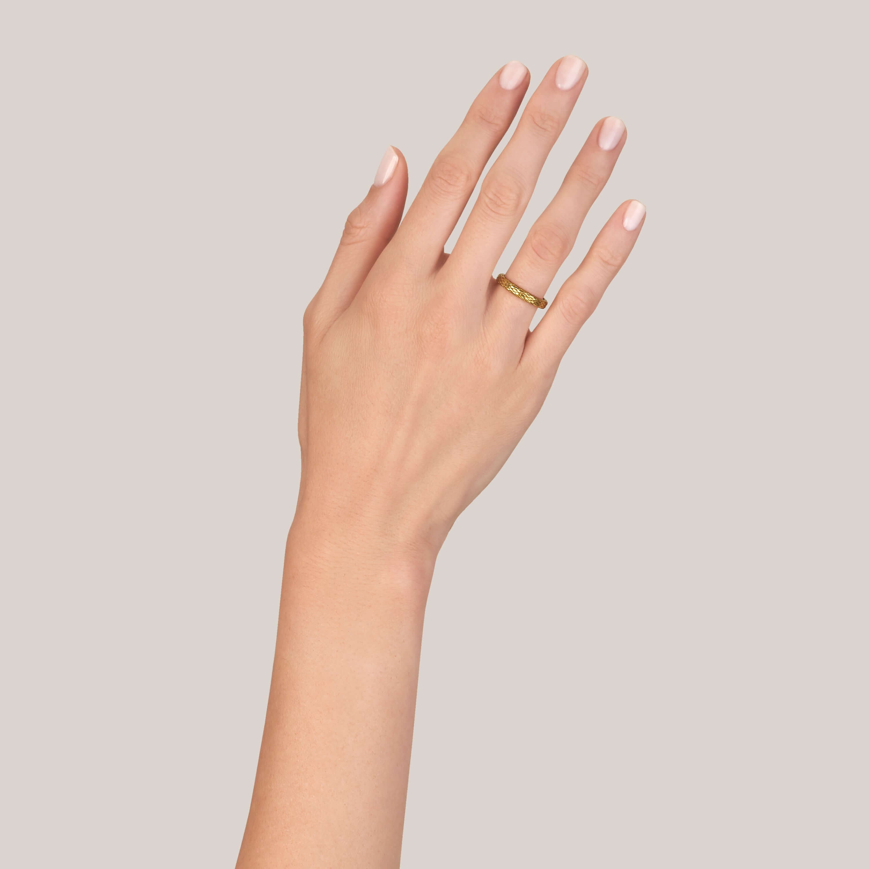 SINGLE STONE LARGE EDEN BAND | 3mm handcrafted 18K oxidized yellow gold ladies' snake scale pattern band. Please inquire for additional customization.