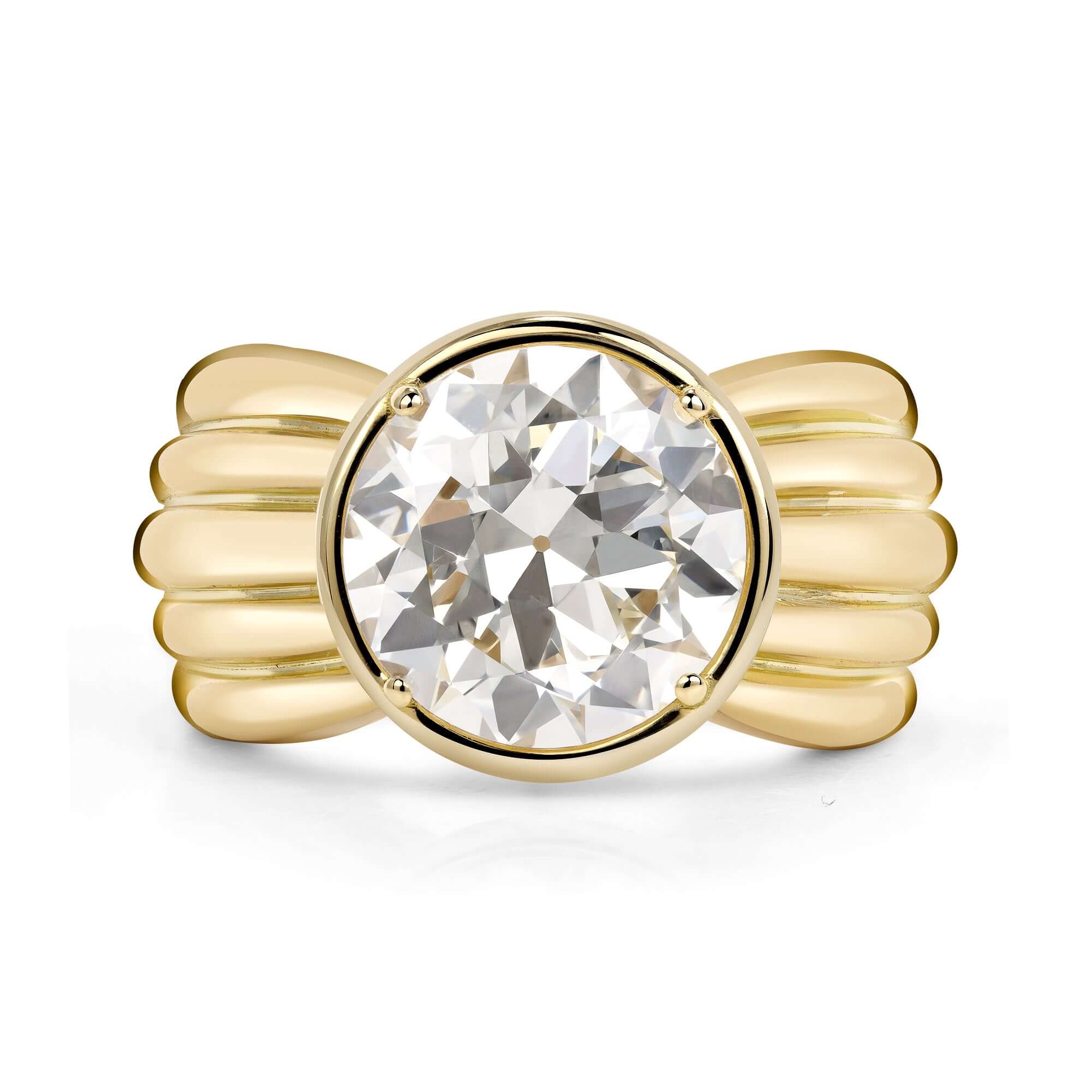 SINGLE STONE ELENI RING featuring 4.74ct N/VS2 GIA certified old European cut diamond bezel set in a handcrafted 18K yellow gold mounting.