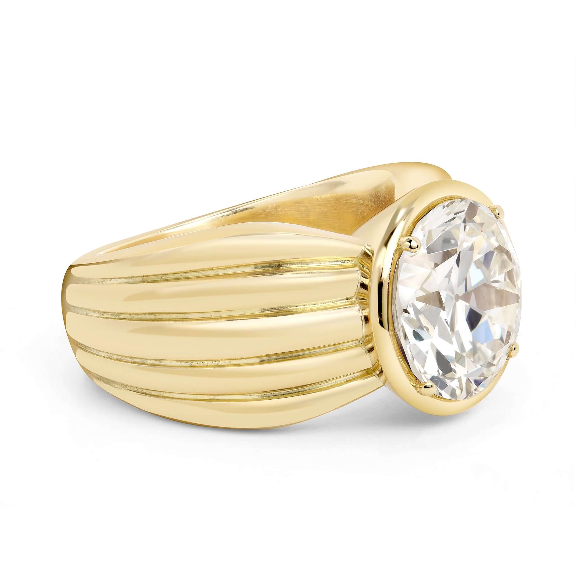 SINGLE STONE ELENI RING featuring 4.74ct N/VS2 GIA certified old European cut diamond bezel set in a handcrafted 18K yellow gold mounting.