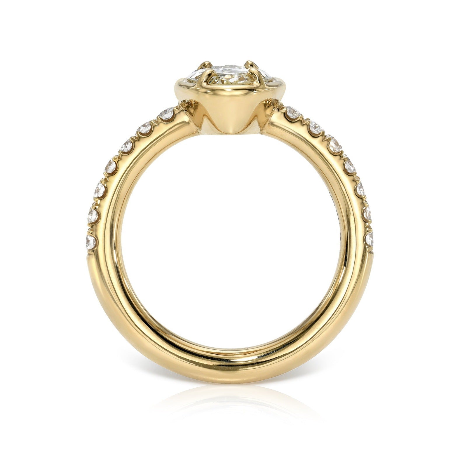 SINGLE STONE ELLA RING featuring 1.39ct L/VS2 GIA certified moval cut diamond with 0.35ctw old European cut accent diamonds prong set in a handcrafted 18K yellow gold mounting.