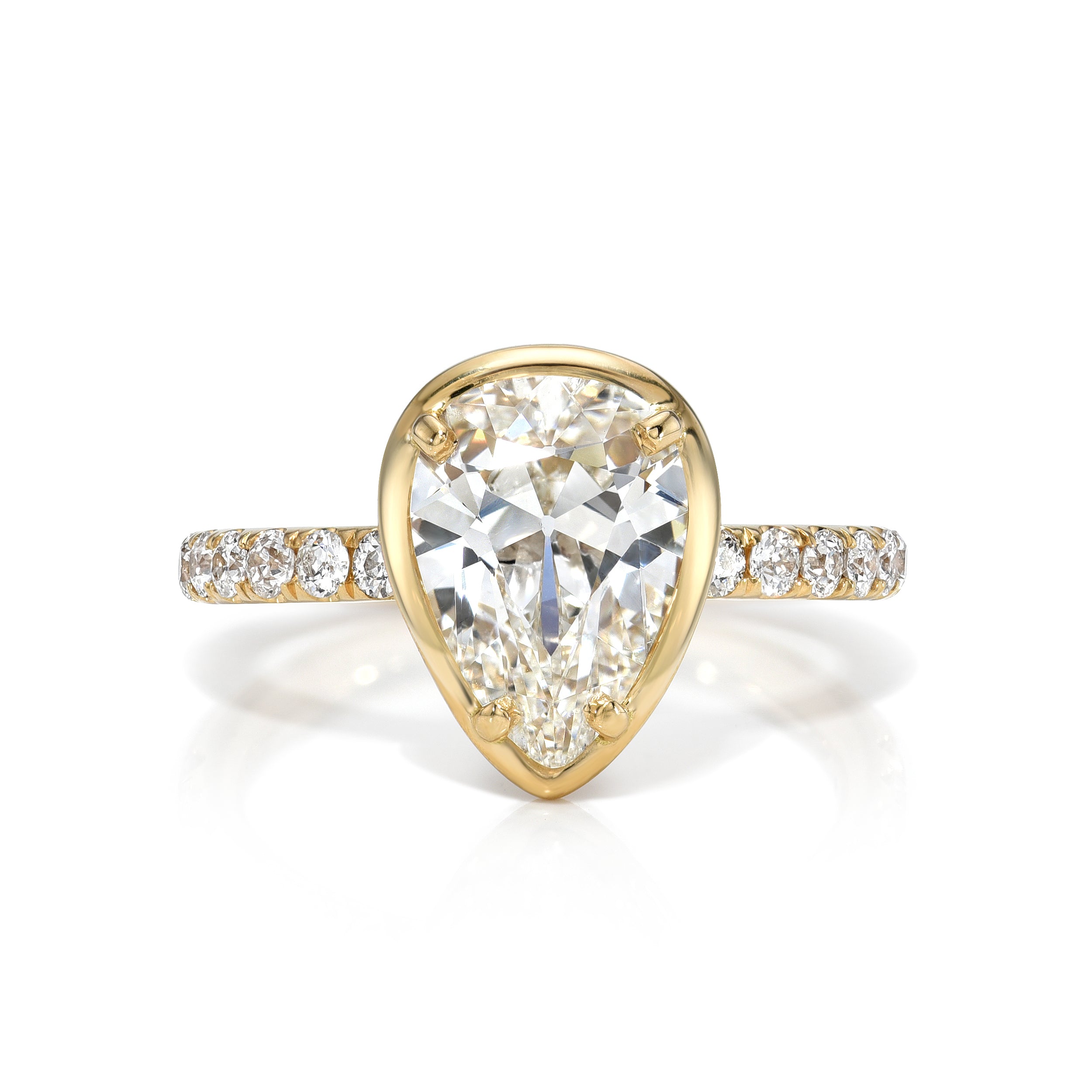 SINGLE STONE ELLA RING featuring 2.13ct H/SI1 GIA certified pear shaped diamond with 0.36ctw old European cut accent diamonds prong set in a handcrafted 18K yellow gold mounting.