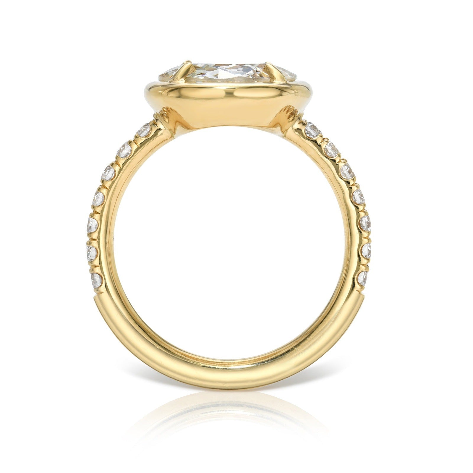 SINGLE STONE ELLA RING featuring 2.35ct J/SI2 GIA certified antique cushion cut diamond with 0.36ctw old European cut accent diamonds prong set in a handcrafted 18K yellow gold mounting,