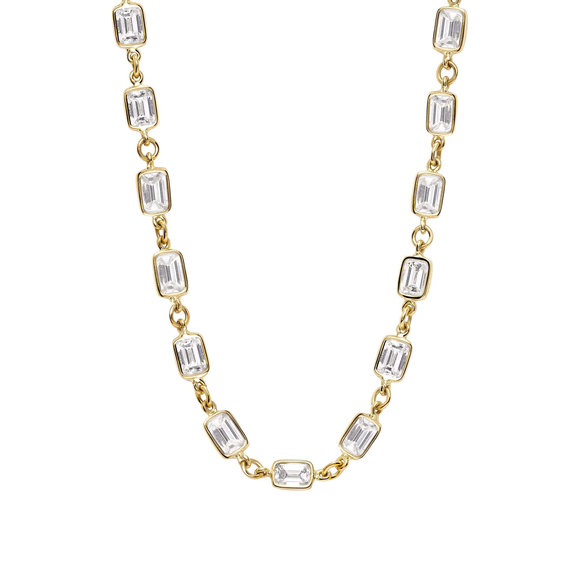 SINGLE STONE EMERALD CUT DIAMOND CHAIN featuring 13.22ctw M-N/VS emerald cut diamonds bezel set on a handcrafted 18K yellow gold chain. Chain measures 19.5"