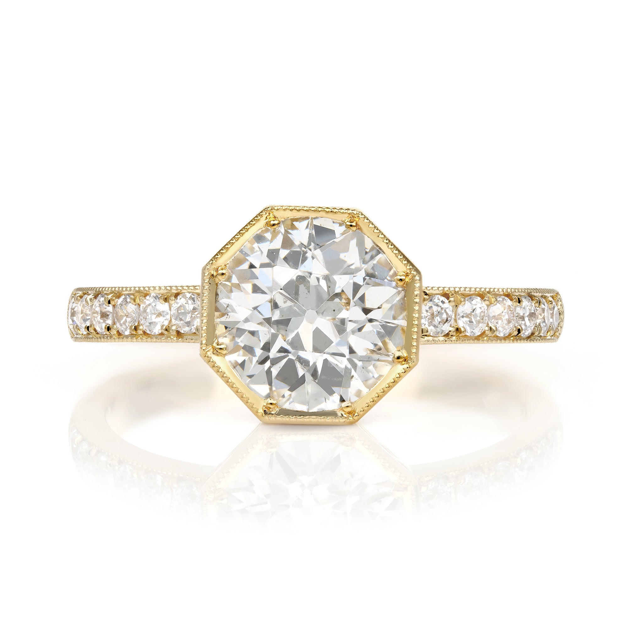 SINGLE STONE EMERSON WITH DIAMONDS RING featuring 1.41ct J/SI2 GIA certified old European cut diamond with 0.20ctw old European cut accent diamonds prong set in a handcrafted 18K yellow gold mounting.