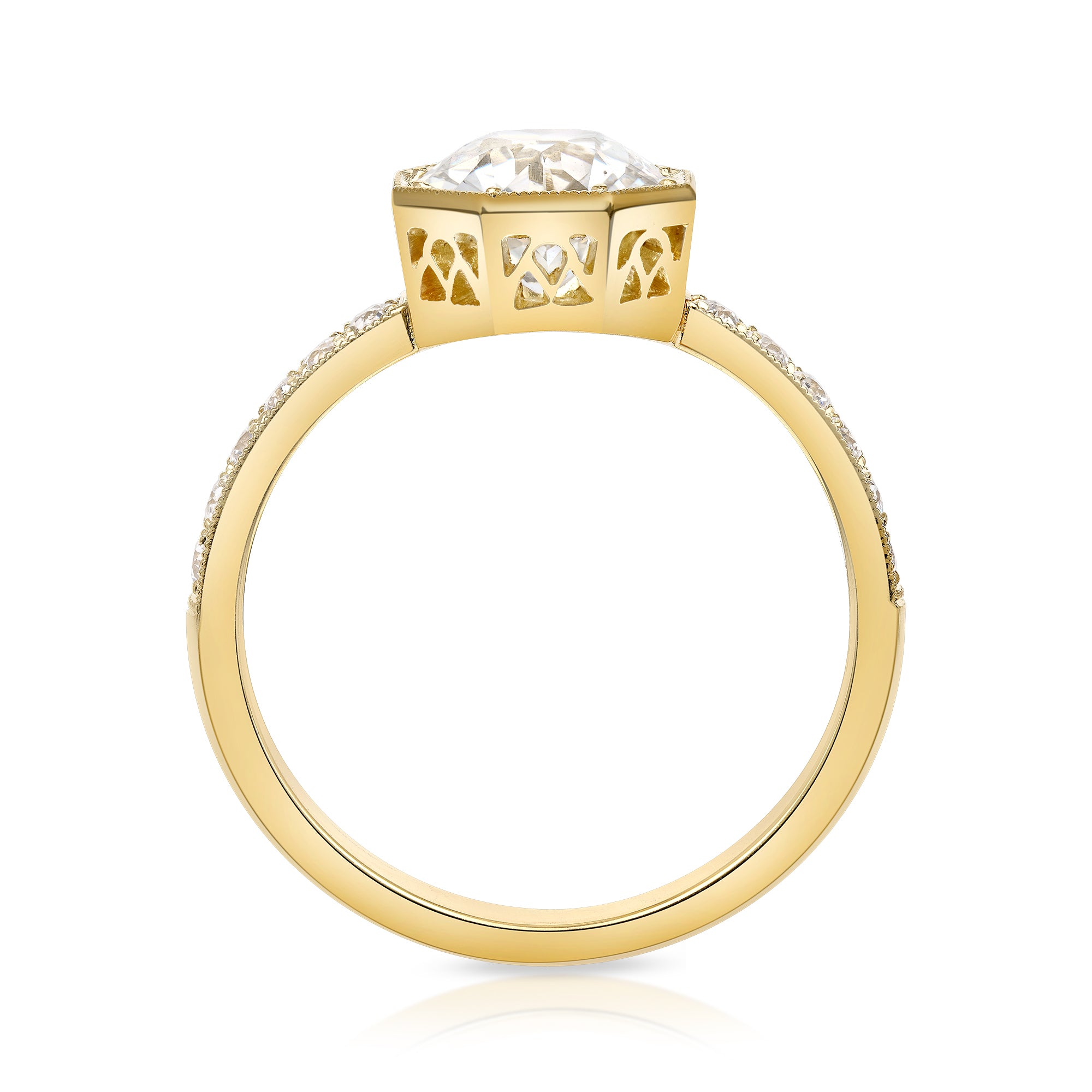 SINGLE STONE EMERSON WITH DIAMONDS RING featuring 1.41ct J/SI2 GIA certified old European cut diamond with 0.20ctw old European cut accent diamonds prong set in a handcrafted 18K yellow gold mounting.
