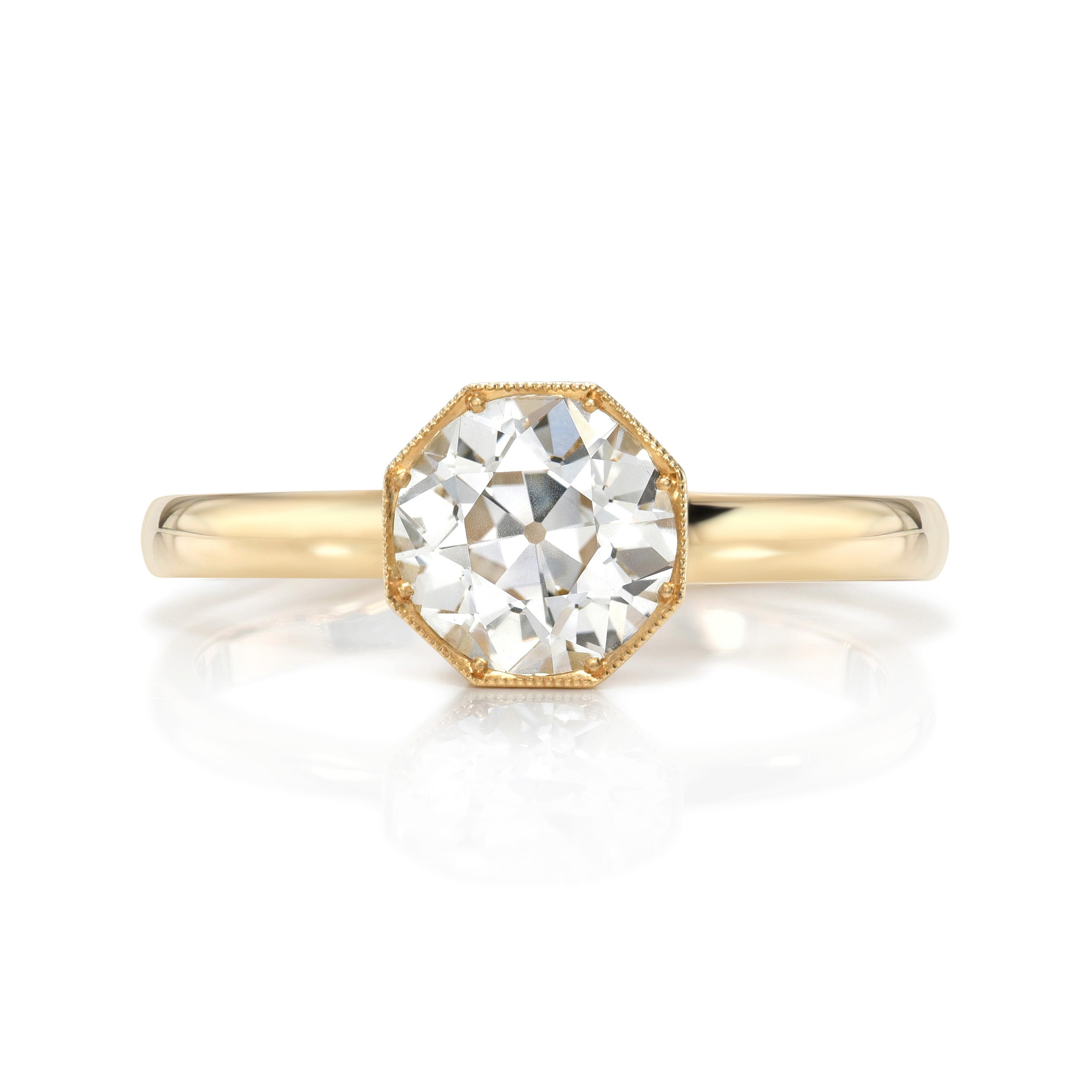 SINGLE STONE EMERSON ENGRAVED RING featuring 1.13ct J/SI1 GIA certified old European cut diamond prong set in a handcrafted, hand engraved 18K yellow gold mounting.