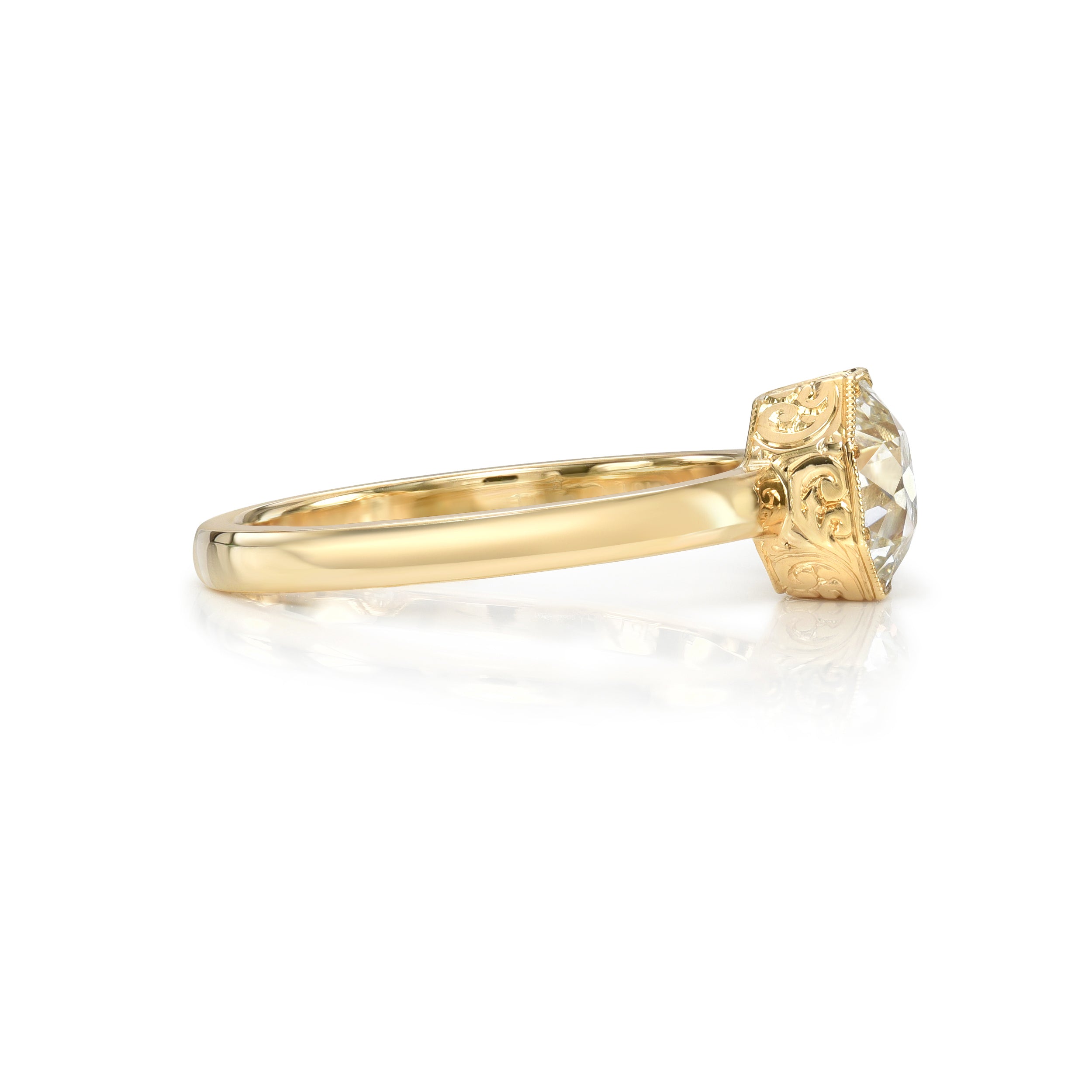 SINGLE STONE EMERSON ENGRAVED RING featuring 1.13ct J/SI1 GIA certified old European cut diamond prong set in a handcrafted, hand engraved 18K yellow gold mounting.