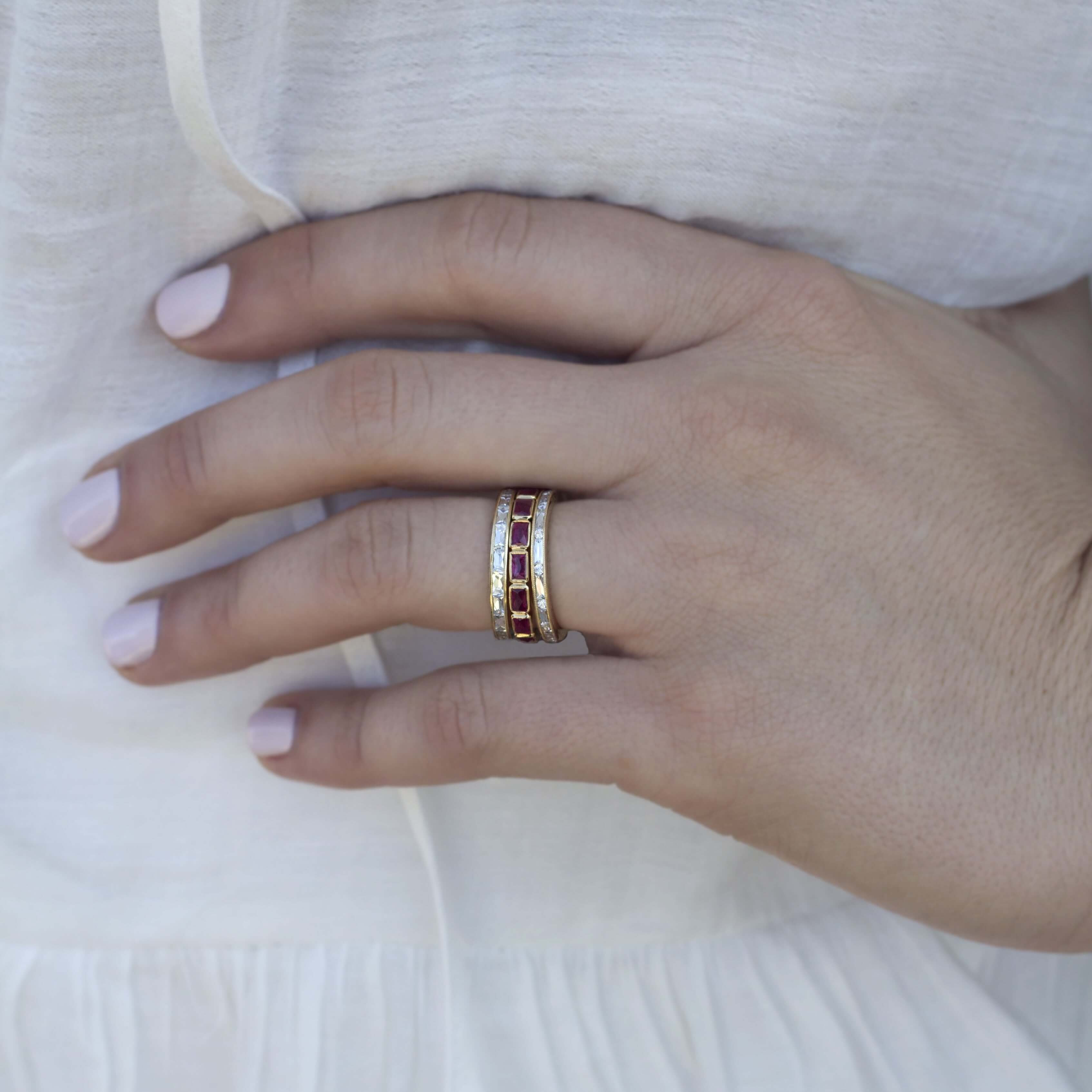 SINGLE STONE EMMA BAND | Approximately 0.90ctw G-H/VS French cut diamonds channel set in a handcrafted eternity band. Approximate band width 2mm. Please inquire for additional customization.