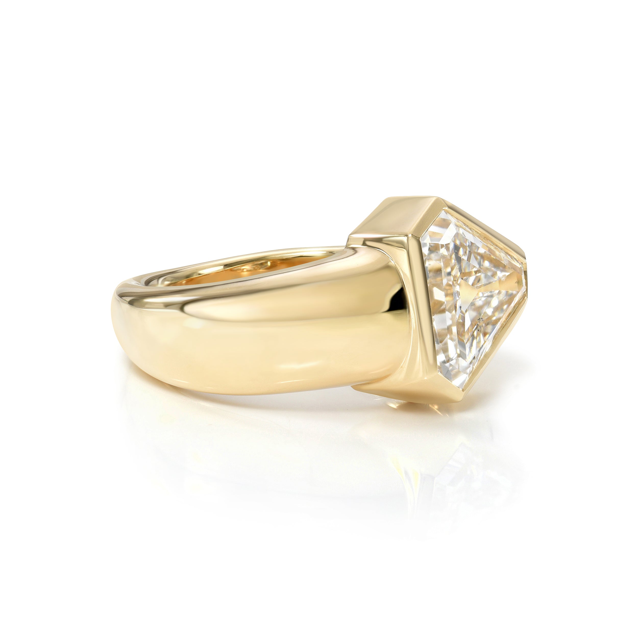 SINGLE STONE EZRA RING featuring 2.50ct F/SI1 GIA certified vintage Trapezoid cut diamond bezel set in a handcrafted 18K yellow gold mounting with a tapered shank.
