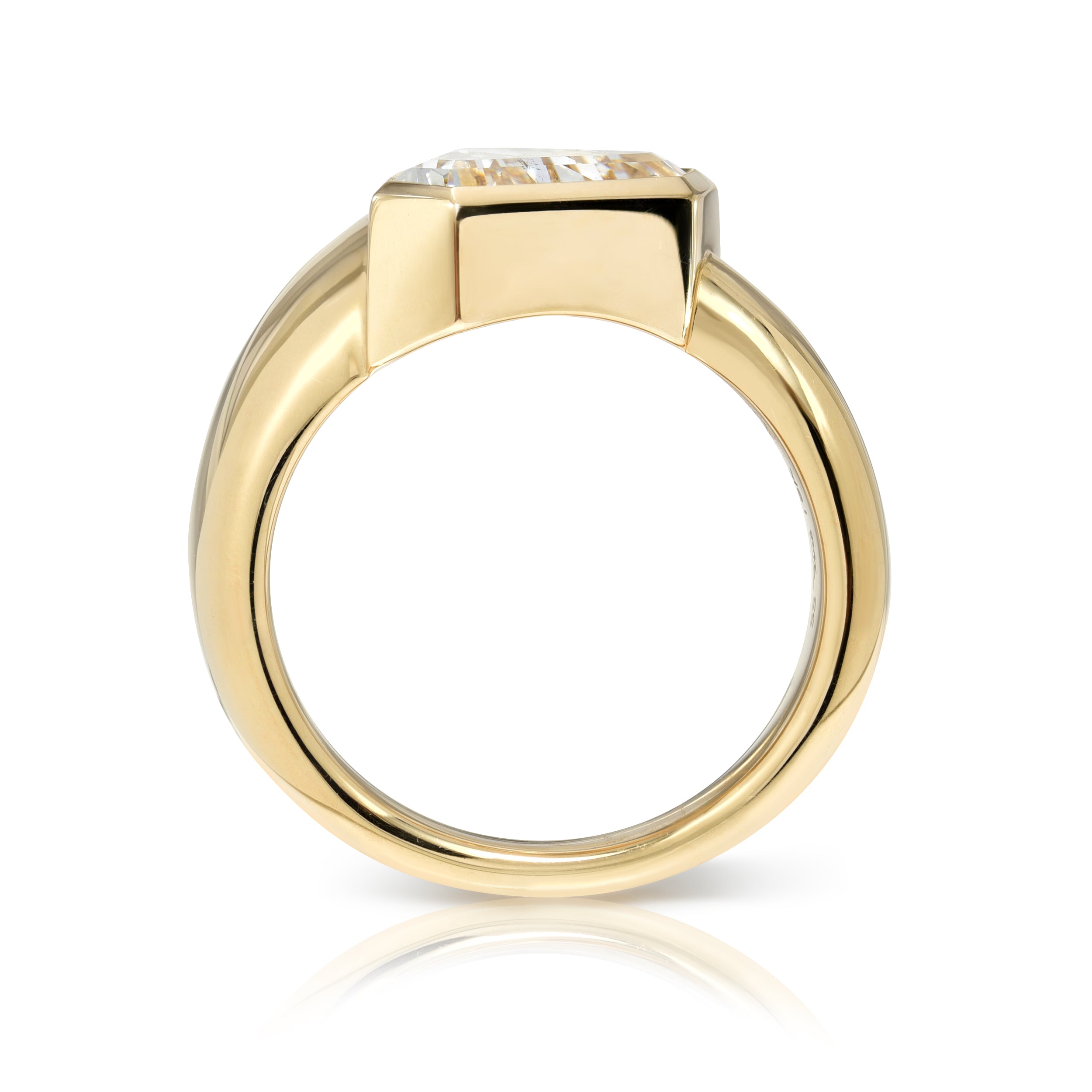 SINGLE STONE EZRA RING featuring 2.50ct F/SI1 GIA certified vintage Trapezoid cut diamond bezel set in a handcrafted 18K yellow gold mounting with a tapered shank.