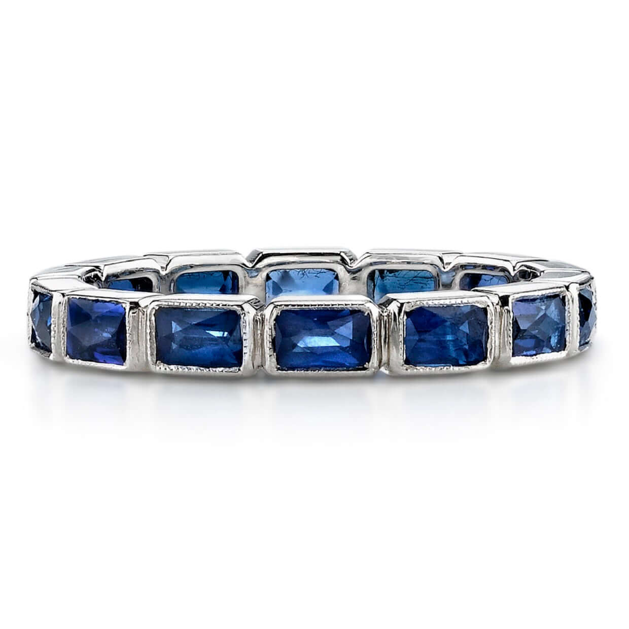SINGLE STONE LARGE JULIA WITH GEMSTONES BAND | Approximately 0.80ctw G-H/VS French cut diamonds and 1.10ctw French cut gemstones bezel set in a handcrafted eternity band. Band also available with approximately 1.90ctw all gemstones. Approximate band width