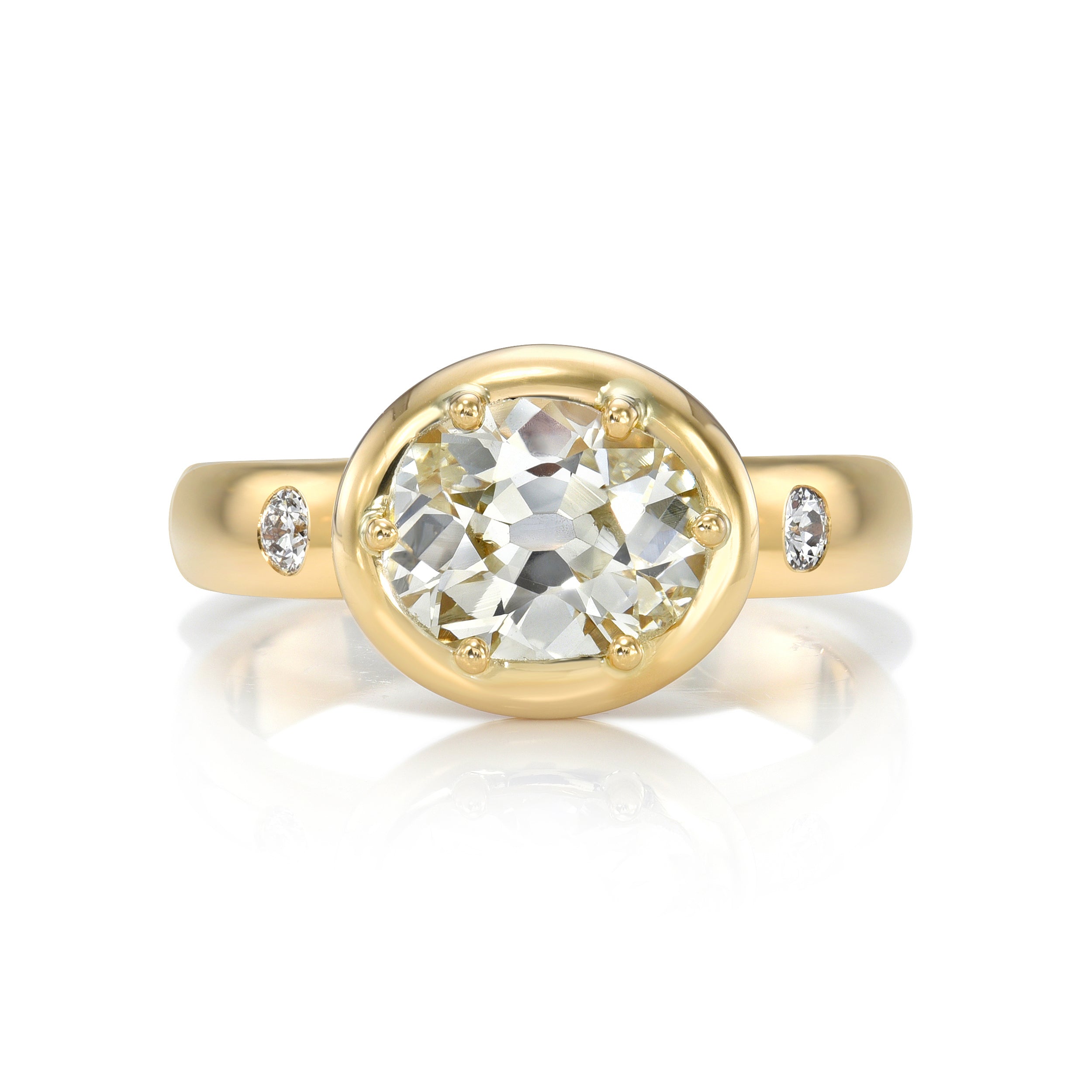 SINGLE STONE FRIDA RING featuring 1.41ct J/SI2 GIA certified old European cut diamond with 0.20ctw old European cut accent diamonds prong set in a handcrafted 18K yellow gold mounting.
