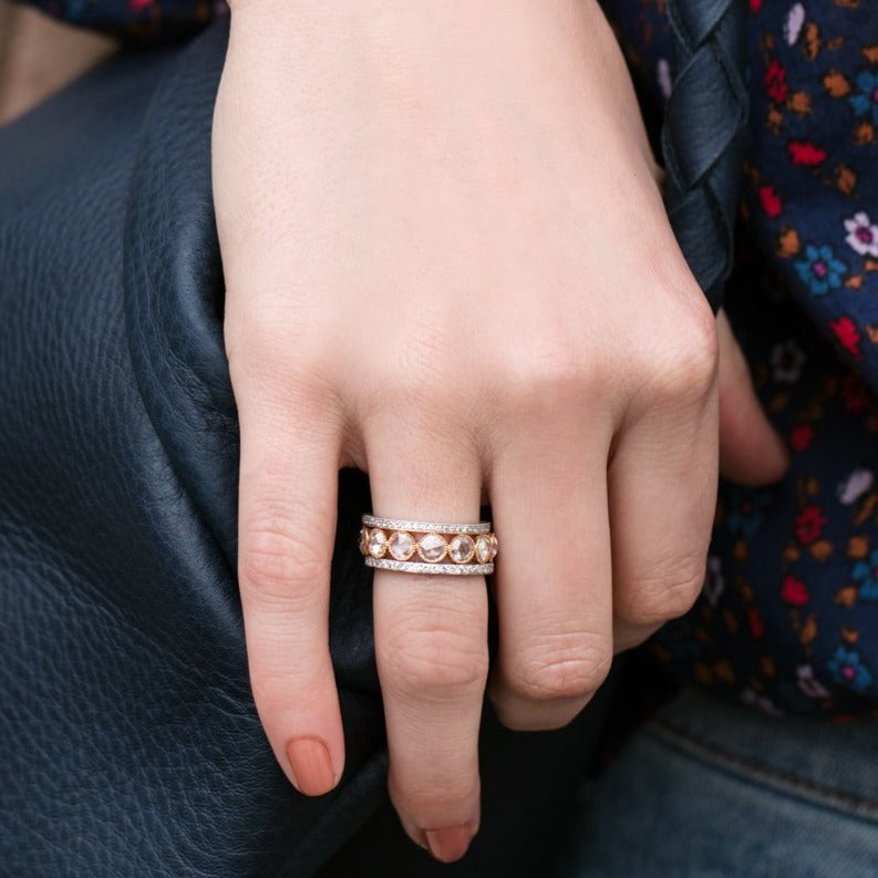 SINGLE STONE LARGE ROSE CUT GABBY HALF BAND BAND | Approximately 0.90ctw rose cut diamonds set in a handcrafted bezel set half-eternity band. Approximate band width 4.8mm. Please inquire for additional customization.