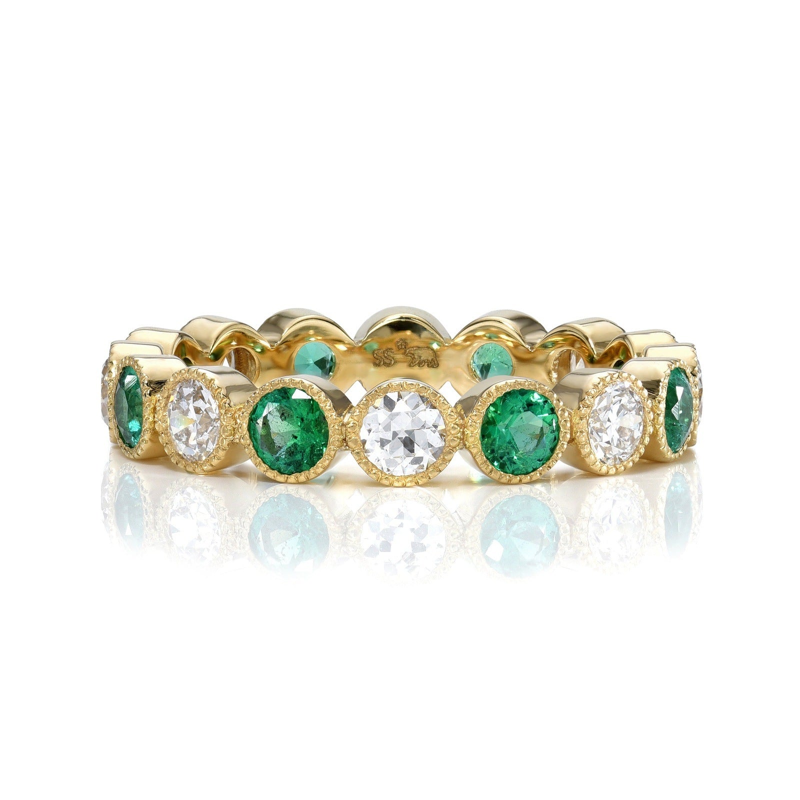 SINGLE STONE MEDIUM GABBY WITH DIAMONDS AND GEMSTONES BAND | Approximately 0.95ctw G-H/VS-SI old European cut diamonds and 1.20ctw round cut color gemstones set in a handcrafted bezel set eternity band. Approximate band width 3.6mm. Please inquire for add