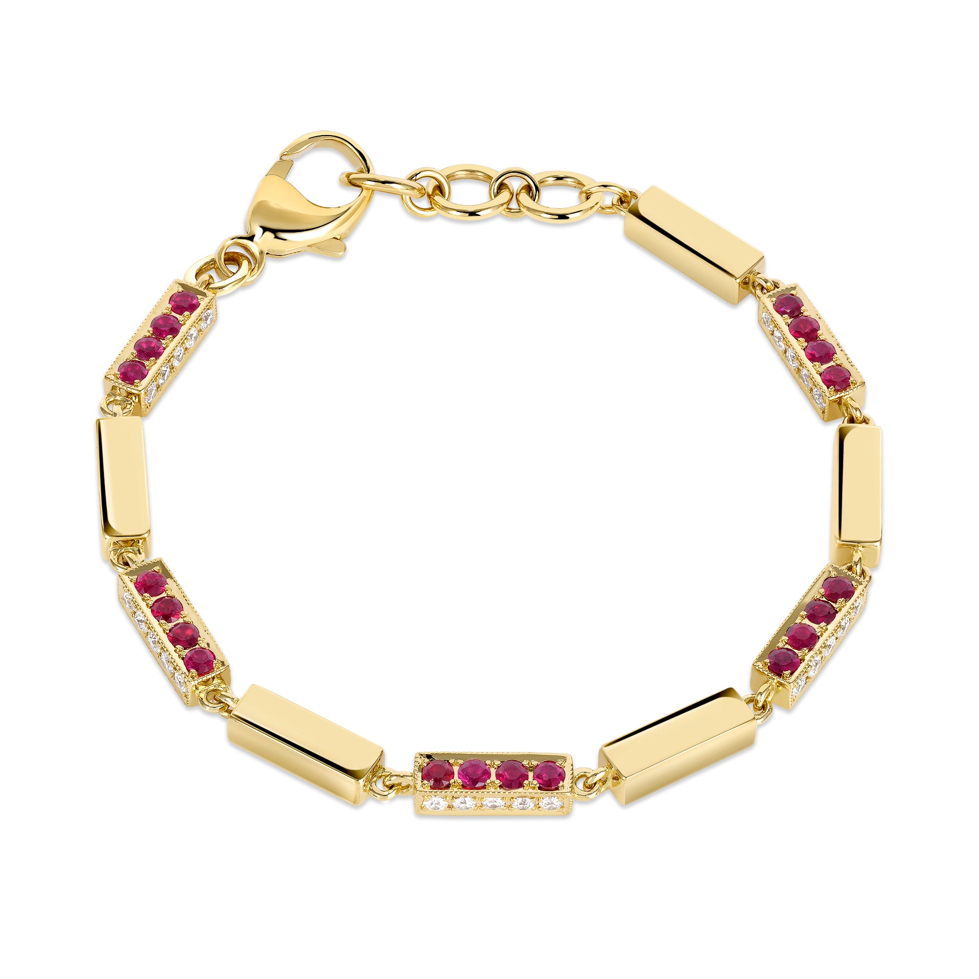 SINGLE STONE GIANA BRACELET WITH DIAMONDS AND GEMSTONES featuring Approximately 1.25ctw G-H/VS old European cut diamonds with 2.75ctw round cut color gemstones set on a handcrafted 18K yellow gold full bar bracelet. Bracelet measures 7.5"