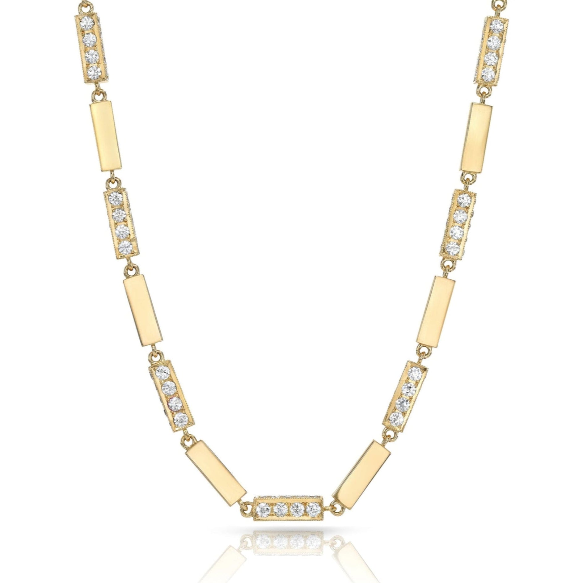 SINGLE STONE GIANA NECKLACE WITH DIAMONDS featuring Approximately 9.00ctw G-H/VS old European cut diamonds set in a handcrafted 18K yellow gold alternating diamond and full bar necklace. Necklace measures 17.5".