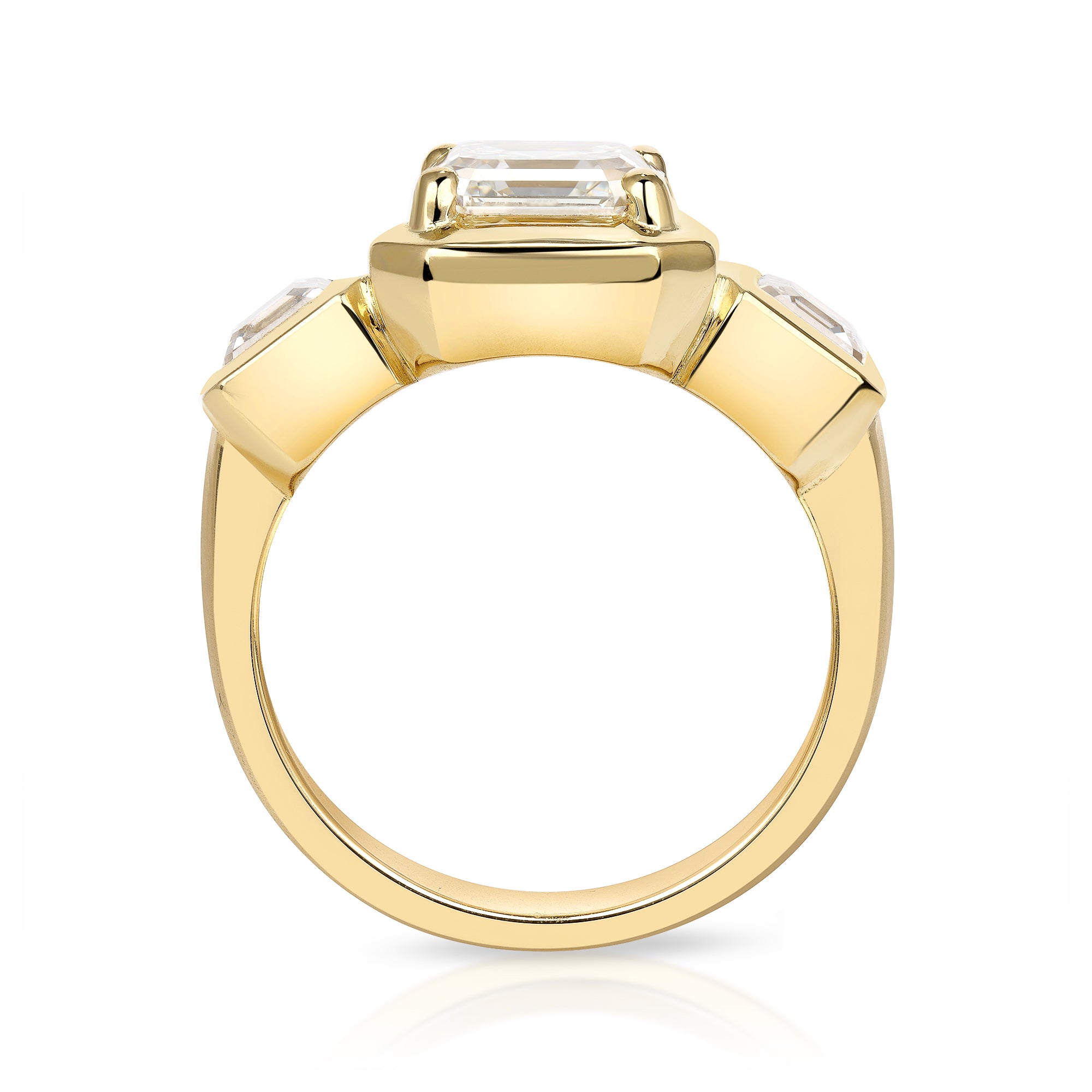 SINGLE STONE GLORIA RING featuring 2.14ct K/VVS2 GIA certified Asscher diamond with 0.97ctw Asscher cut accent diamonds set in a handcrafted 18K yellow gold mounting.