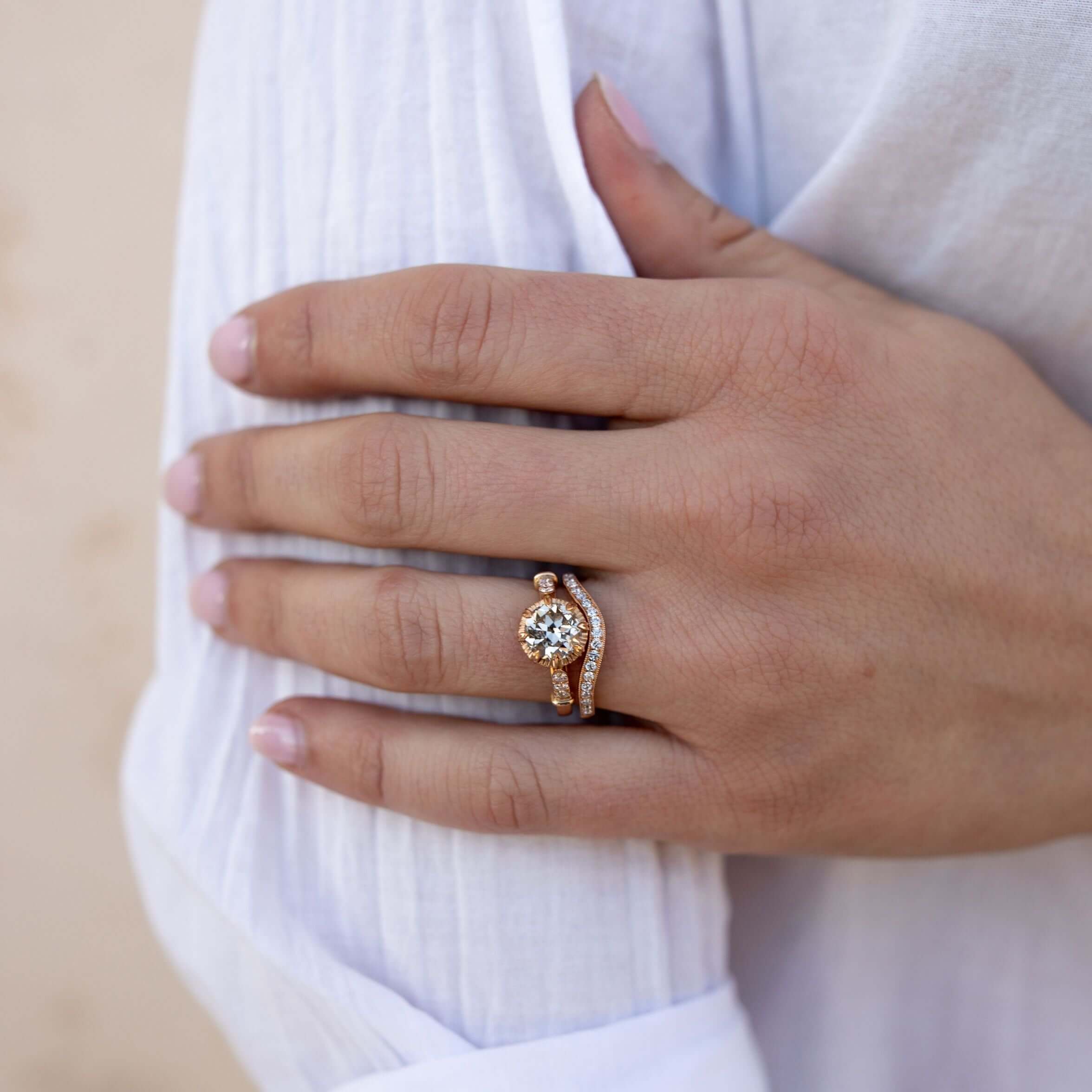 SINGLE STONE GRACE WITH DIAMONDS BAND | 2mm handcrafted curved band with approximately 0.30ctw G-H/VS old European cut diamonds. Please inquire for additional customization.