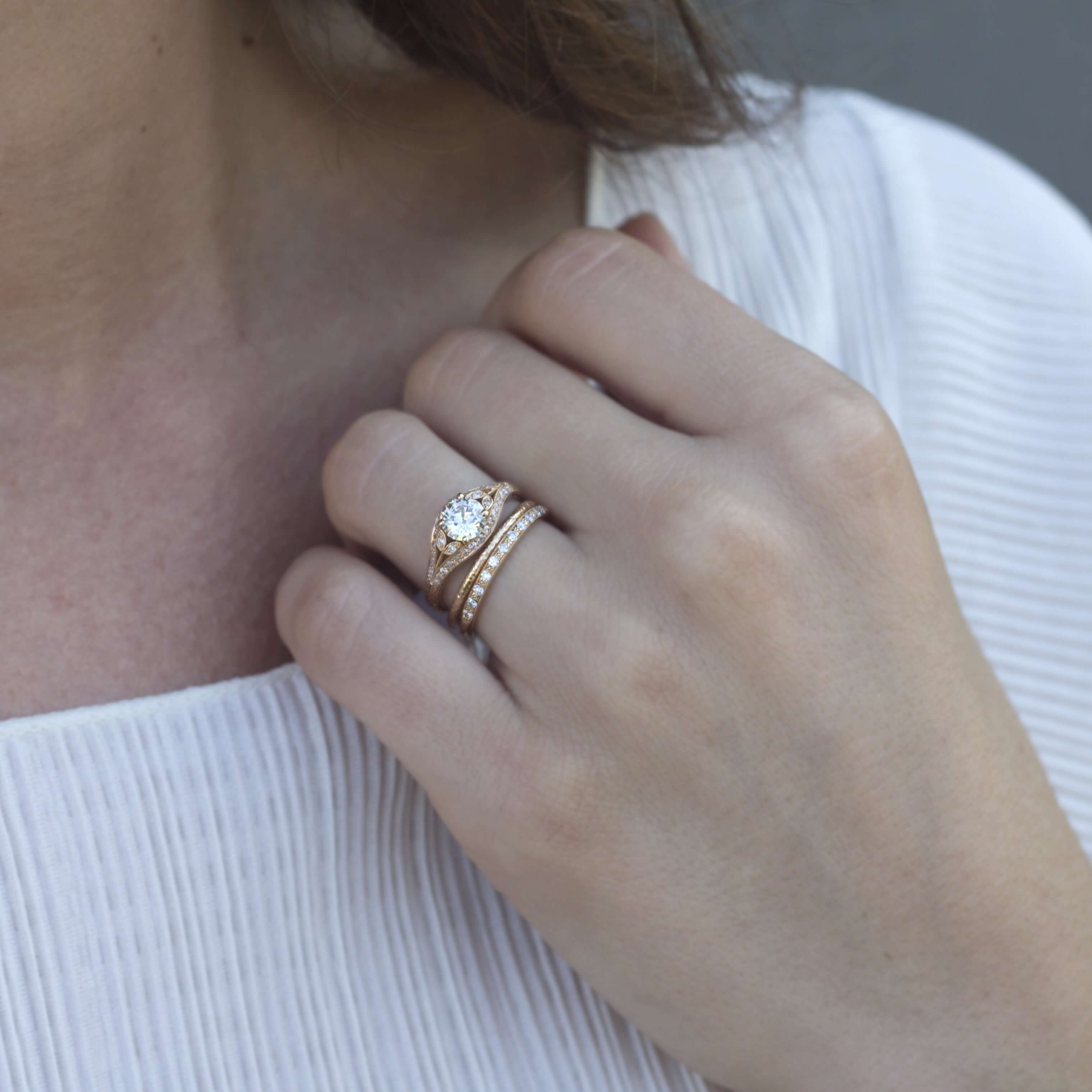 SINGLE STONE JAMIE BAND | Approximately 0.10ctw old European cut diamonds pave set in a handcrafted prong set half eternity band. Approximate band width 2mm. Please inquire for additional customization.