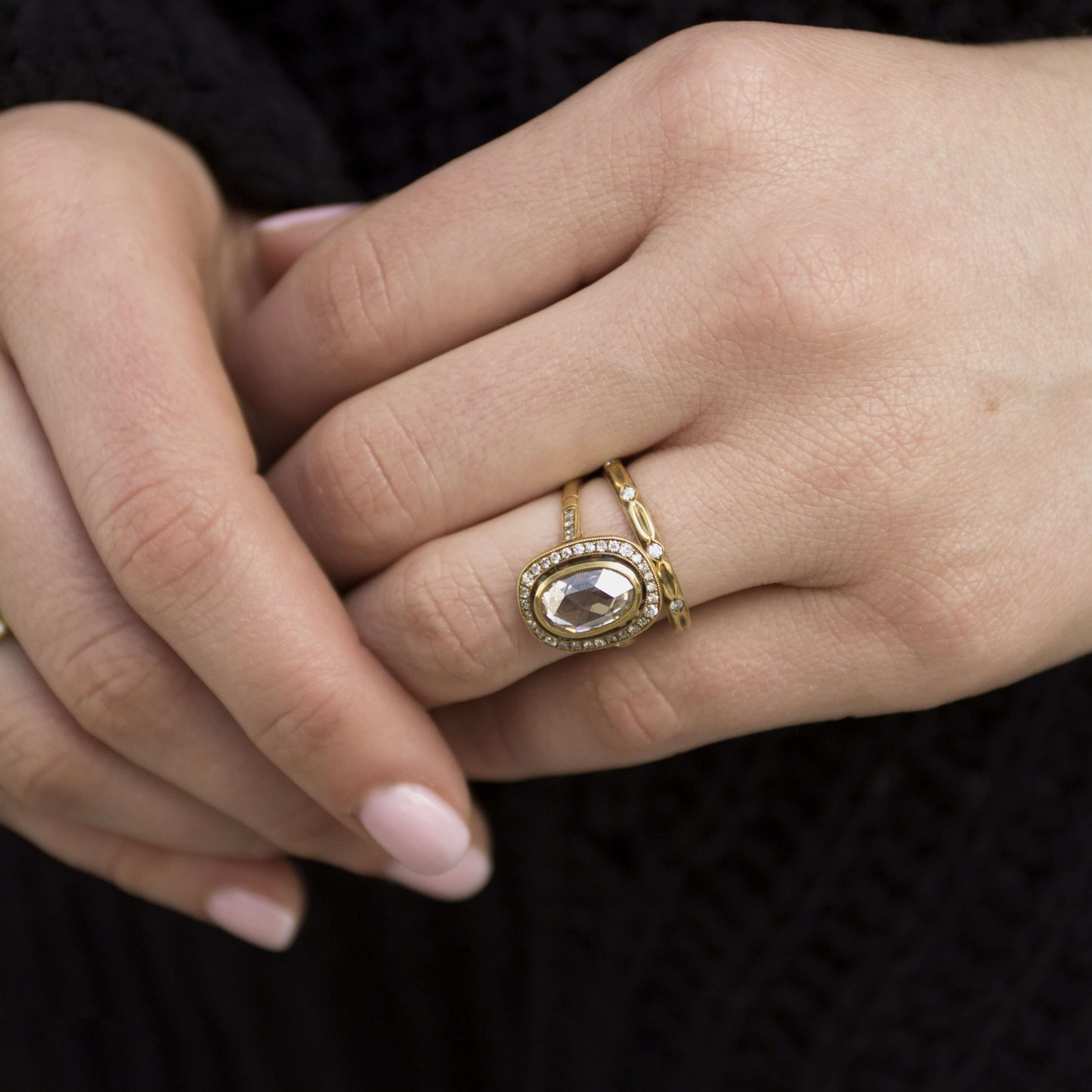 SINGLE STONE CAMILLE RING featuring 2.12ct Brown/SI oval shaped Rose cut diamond with 0.18ctw old European cut accent diamonds set in a handcrafted oxidized 18K yellow gold mounting.